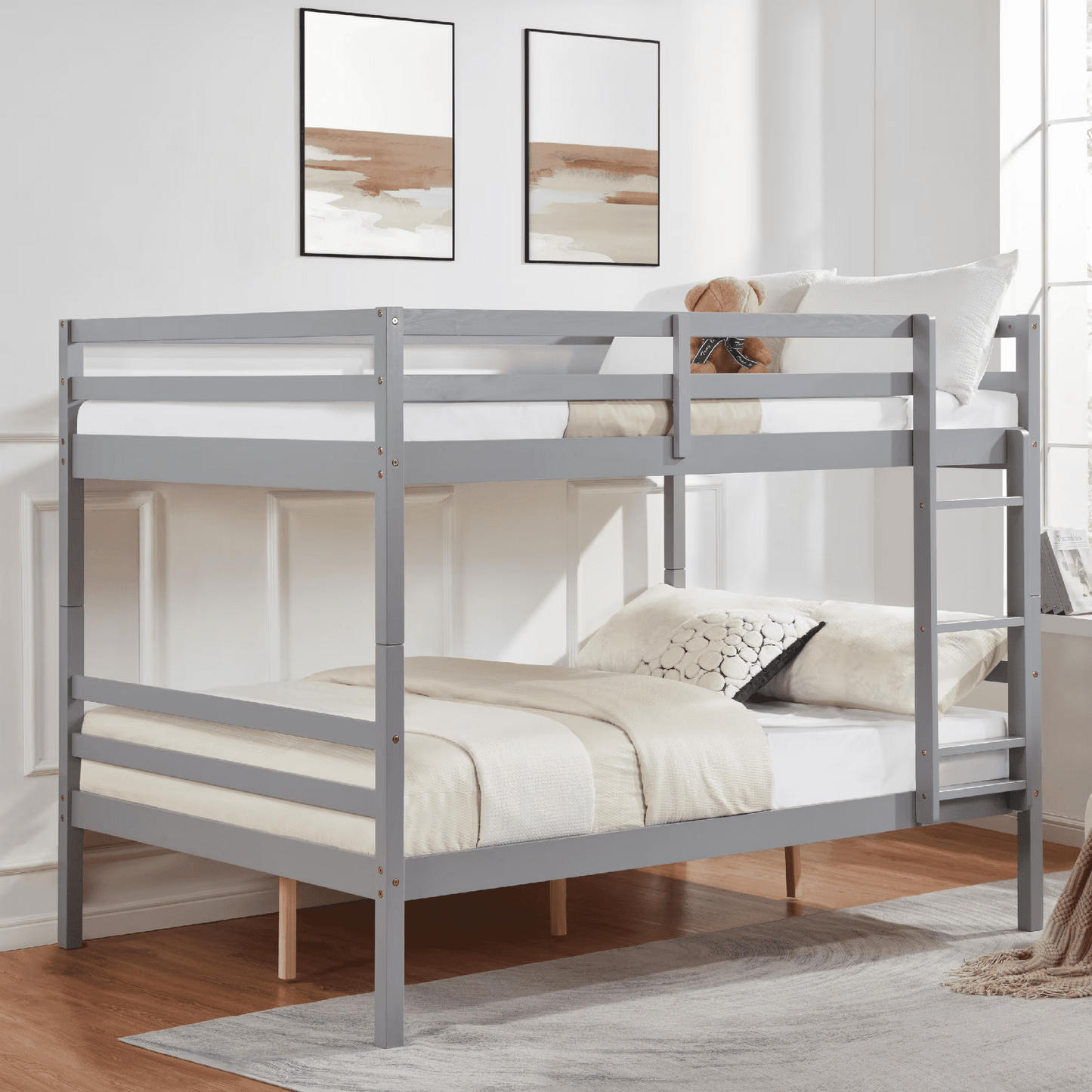 CAFORKP Solid Wood Full over Full Bunk Bed with Ladder & Guardrails, 400lbs Capacity, for Kids,Gray