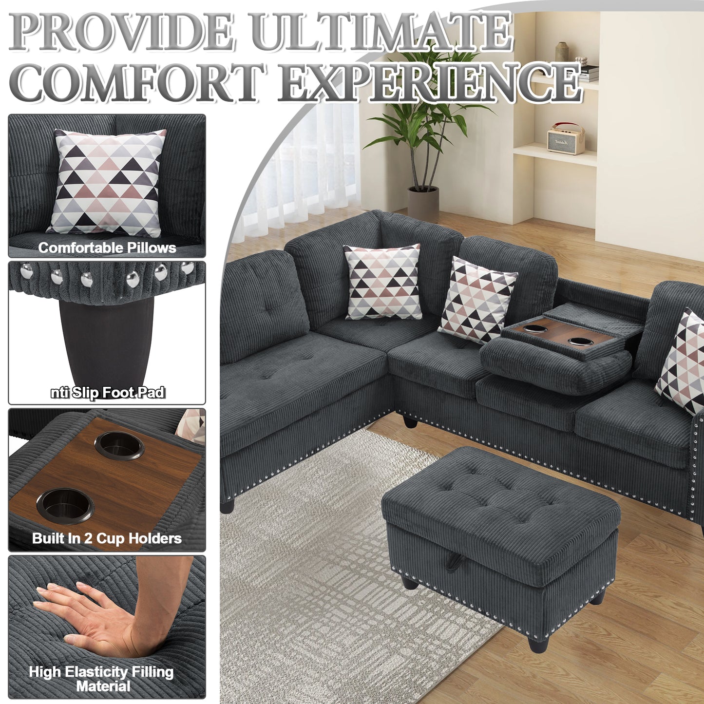 CAFORKP Oversized Modular Sectional Sofa, 94 inch L-Shaped Corduroy Couch with Movable Ottoman and 6 Seats