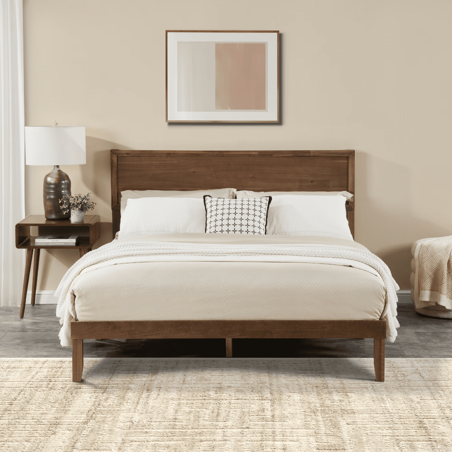 CAFORKP Modern Queen Oak Platform Bed with Headboard & Slats for Adults, Living Room