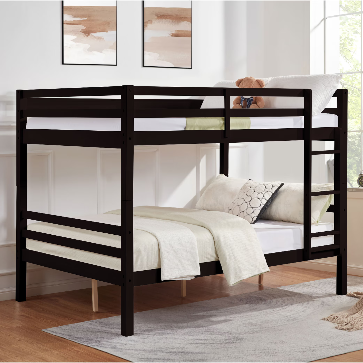 CAFORKP Full Over Full Solid Wood Bunk Bed with Thick Posts, High Guardrail & Ladder, 400LBS Capacity - Dark Brown