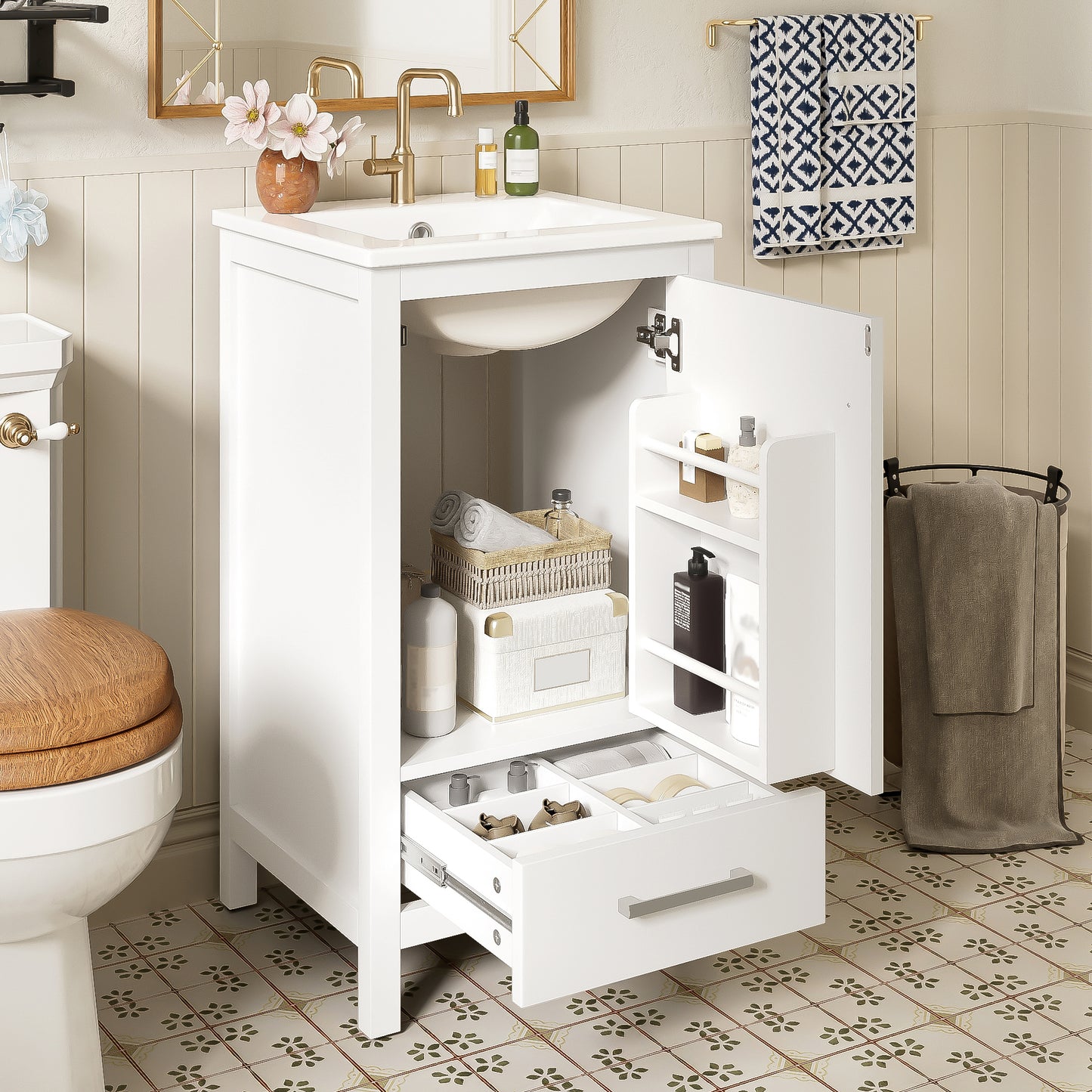 18-Inch Solid Wood Bathroom Vanity with Ceramic Sink, Soft-Closing Door, and Storage