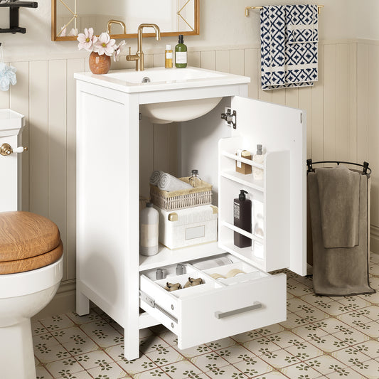 18-Inch Solid Wood Bathroom Vanity with Ceramic Sink, Soft-Closing Door, and Storage