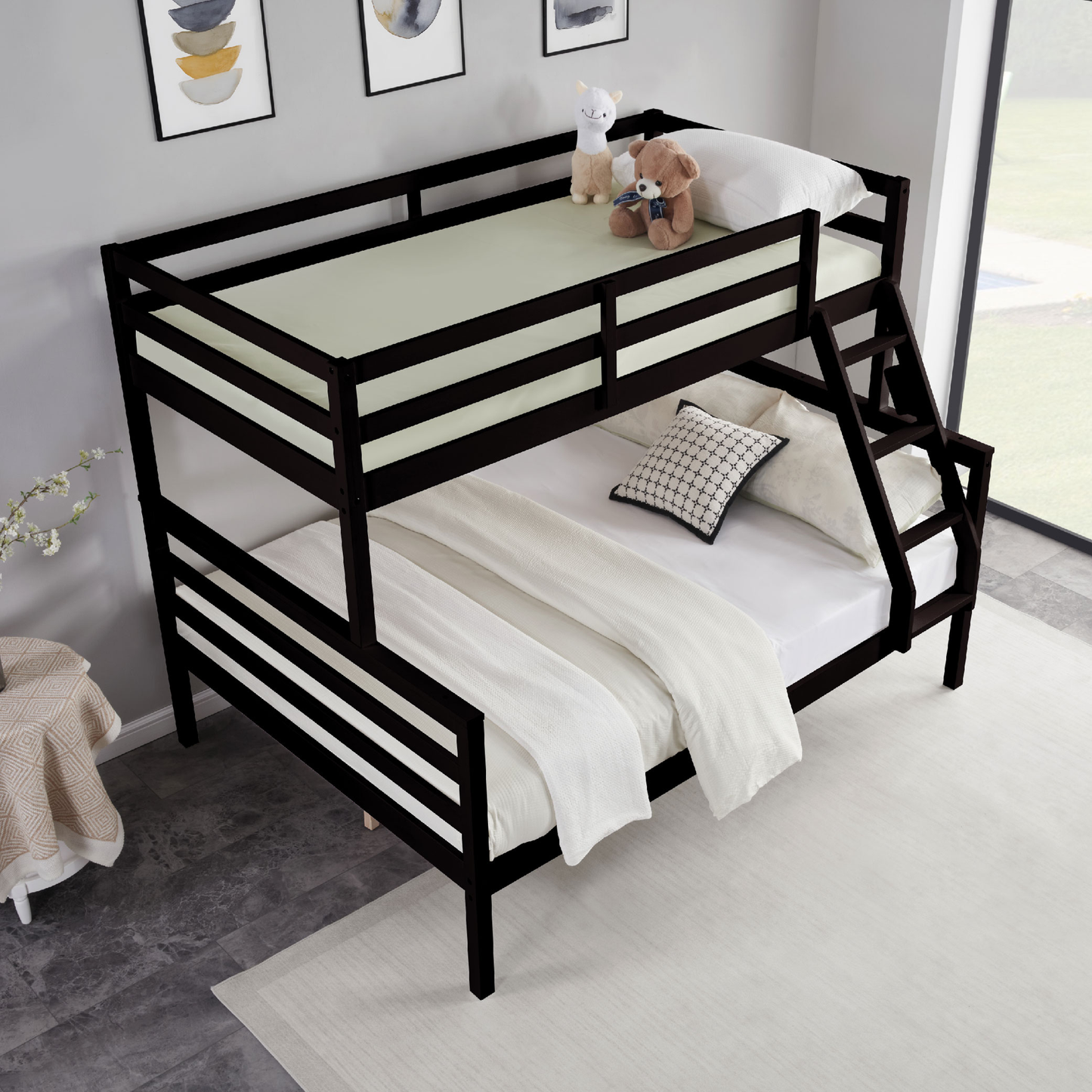 CAFORKP Solid Wood Twin Over Full Bunk Bed with Ladder and High Guardrail – Ideal for Kids & Teens, Dark Brown