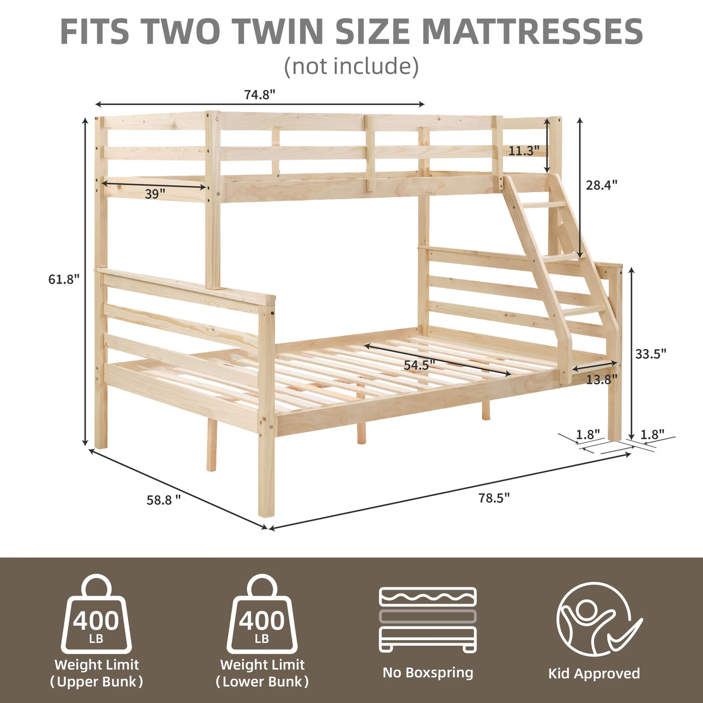 CAFORKP Solid Wood Twin Over Full Bunk Bed with Ladder and High Guardrail – Ideal for Kids & Teens, Natural Wood