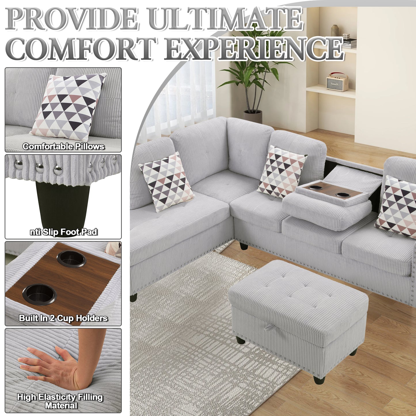 CAFORKP Oversized Modular Sectional Sofa, 94 inch L-Shaped Corduroy Couch with Movable Ottoman and 6 Seats