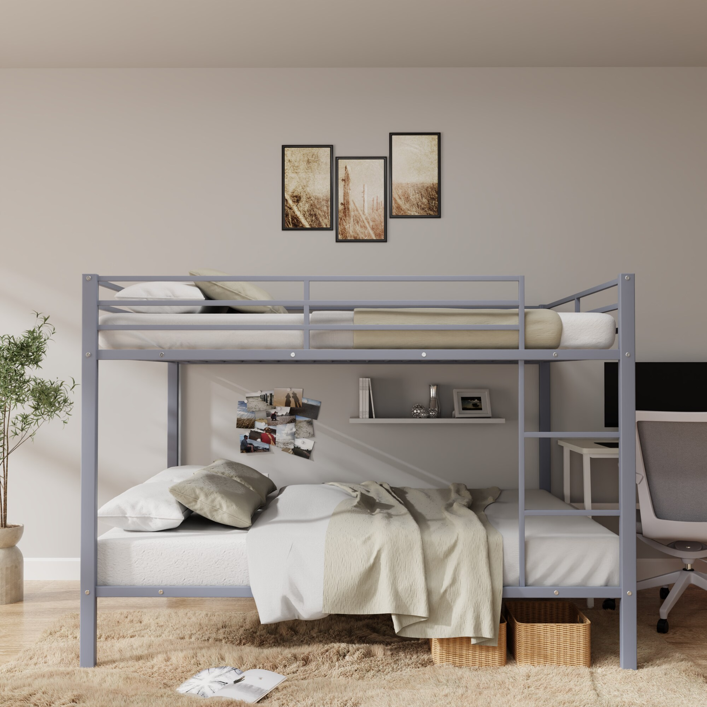CAFORKP Heavy Duty Metal Full Over Full Bunk Bed with Ladder, Safety Guardrail & Steel Slats for Kids, Gray