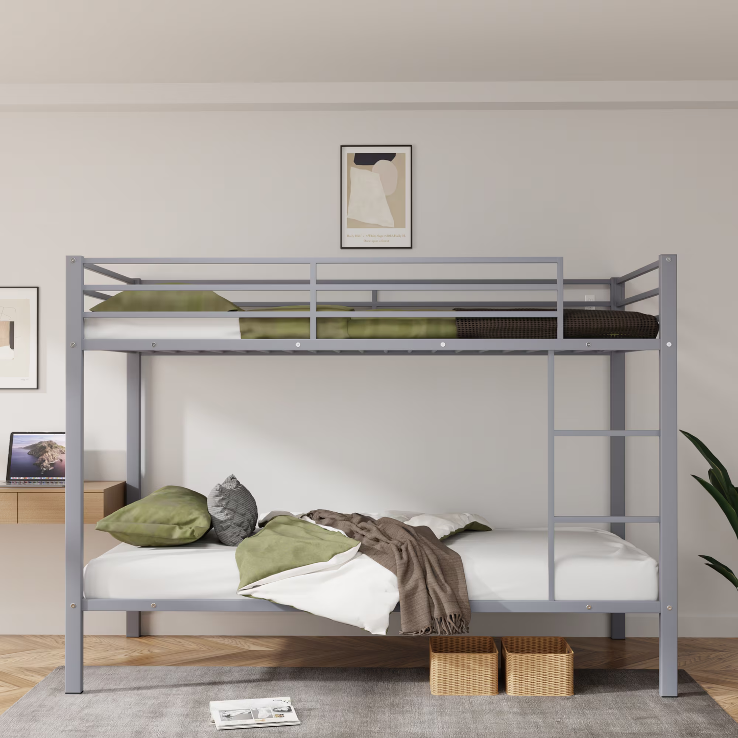 CAFORKP Metal Twin Over Twin Low Profile Bunk Bed with Ladder, High Guardrail & Steel Slats for Kids, Gray