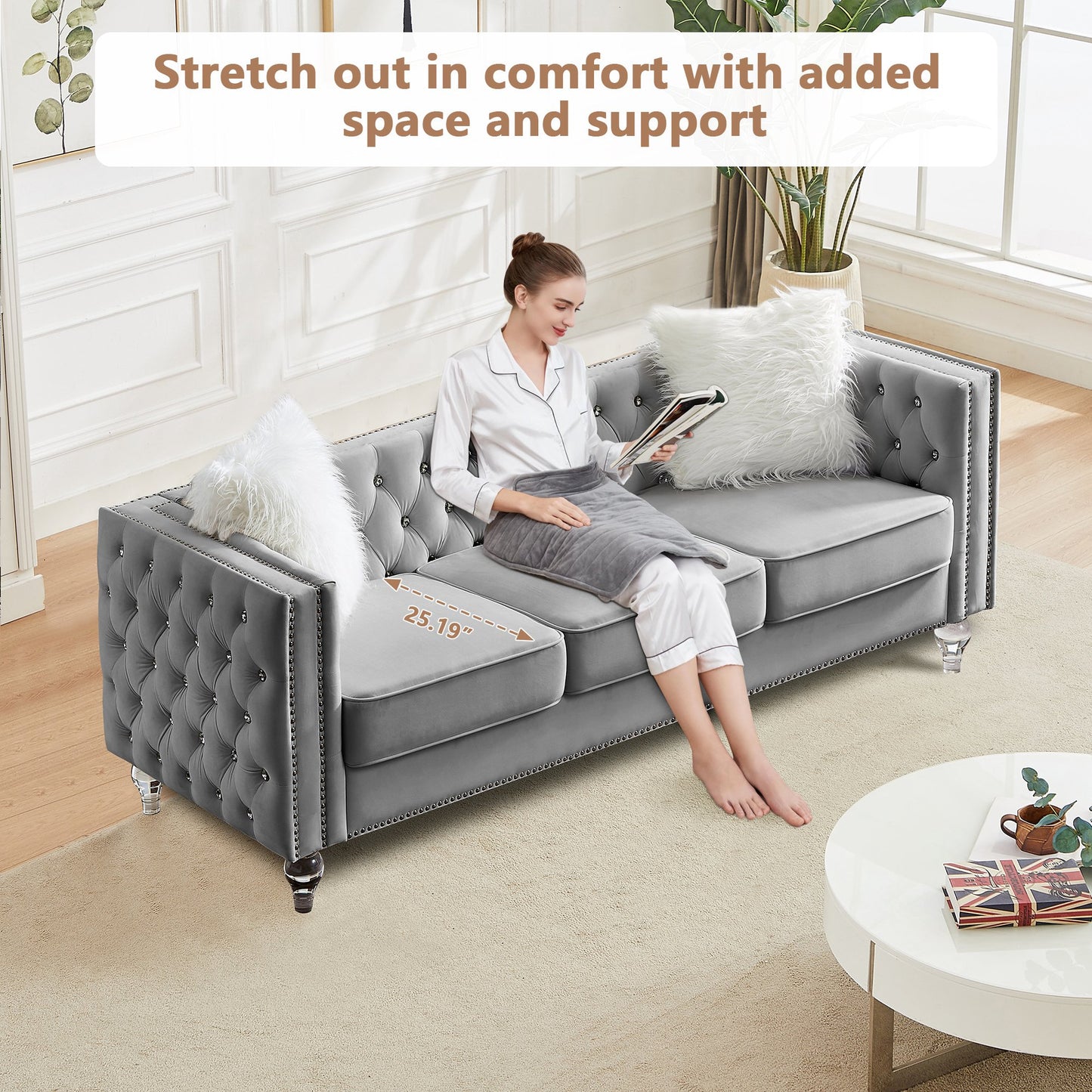 CAFORKP Velvet 3-Seater Sofa, Solid Wood Frame, Button Tufted, Curved Arms, Polyester Upholstery, Gray