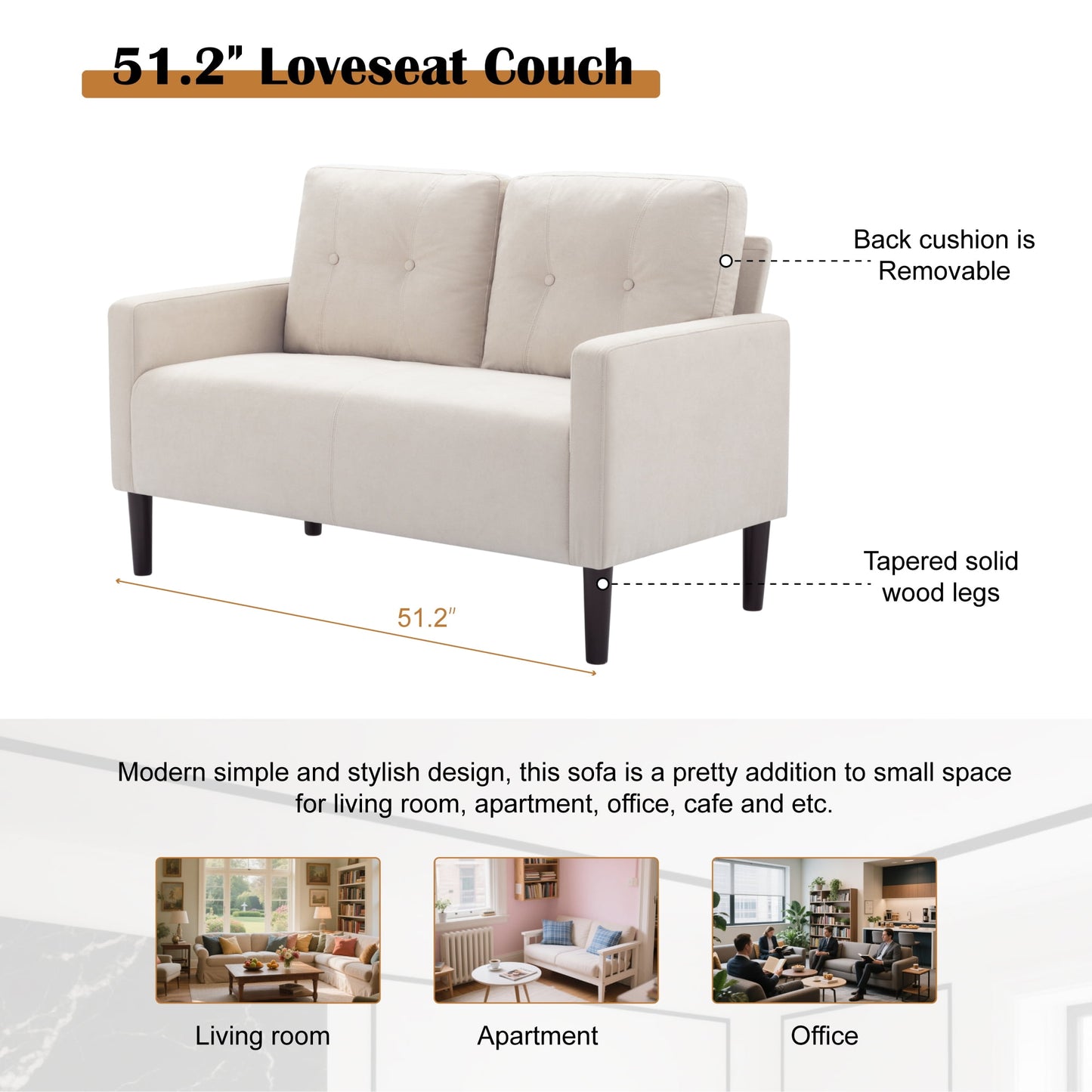 CAFORKP 51.2" Beige Loveseat Sofa with Removable Cushions, Solid Wood Frame, Modern Design