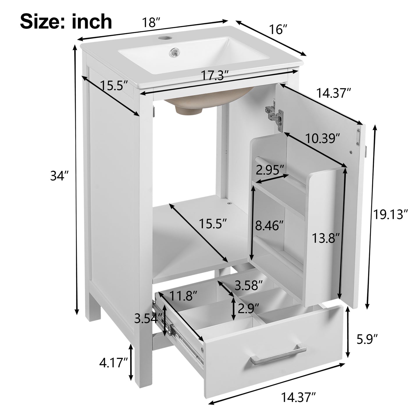 18-Inch Solid Wood Bathroom Vanity with Ceramic Sink, Soft-Closing Door, and Storage