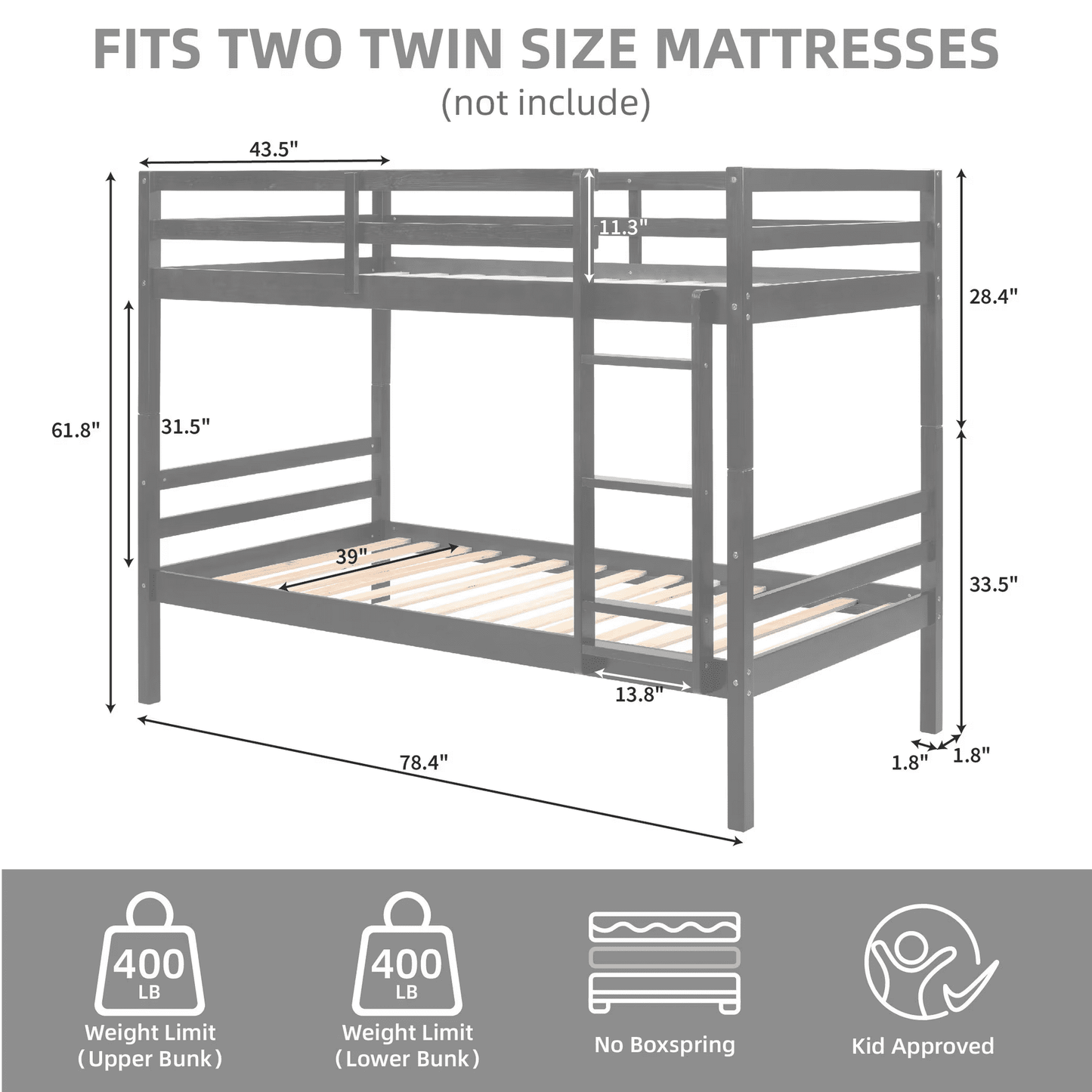 CAFORKP Solid Wood Bunk Bed for Kids with Safety Guardrail, 400 lbs Weight Capacity - Grey