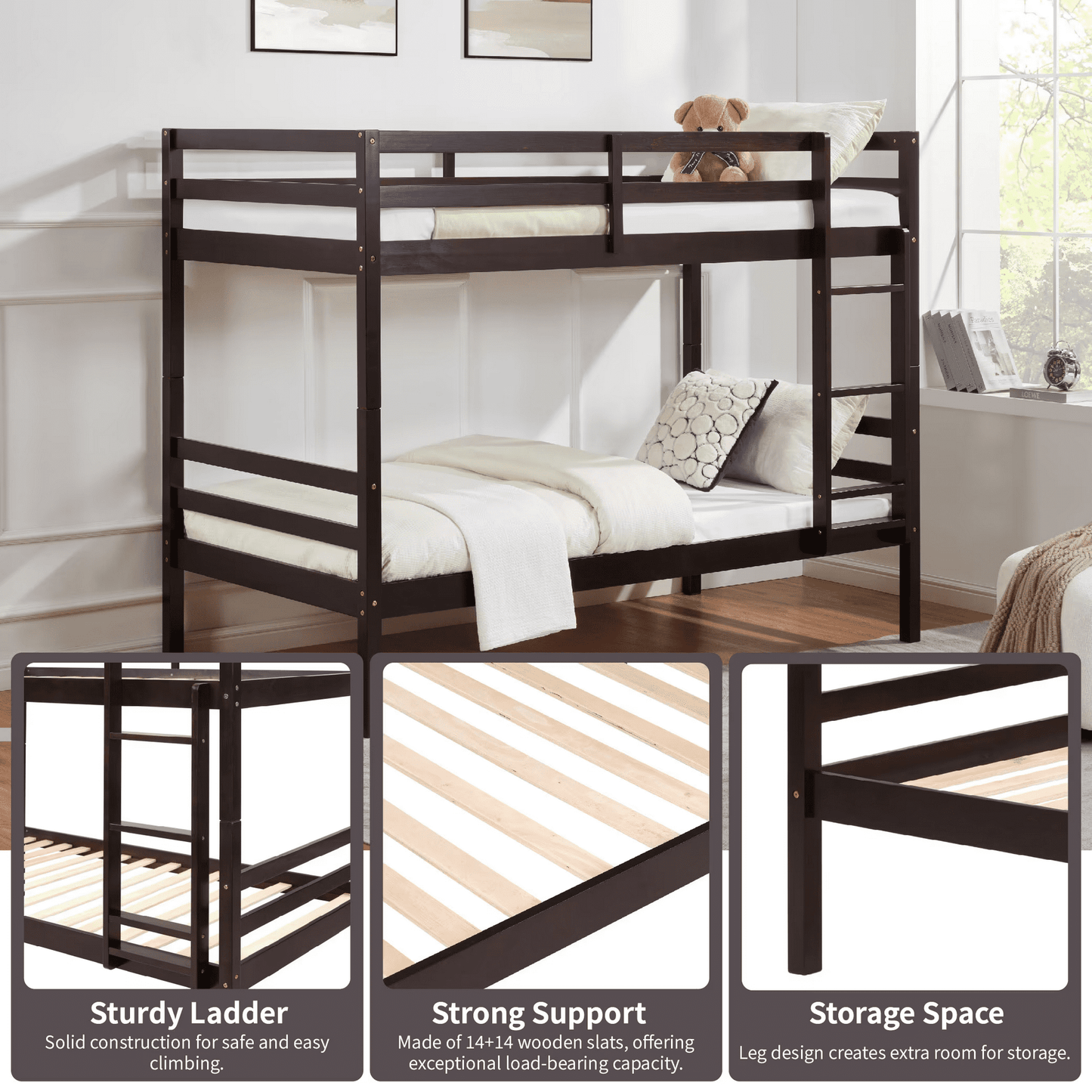 CAFORKP Solid Wood Bunk Bed for Kids with Safety Guardrail, 400 lbs Weight Capacity - Dark Brown