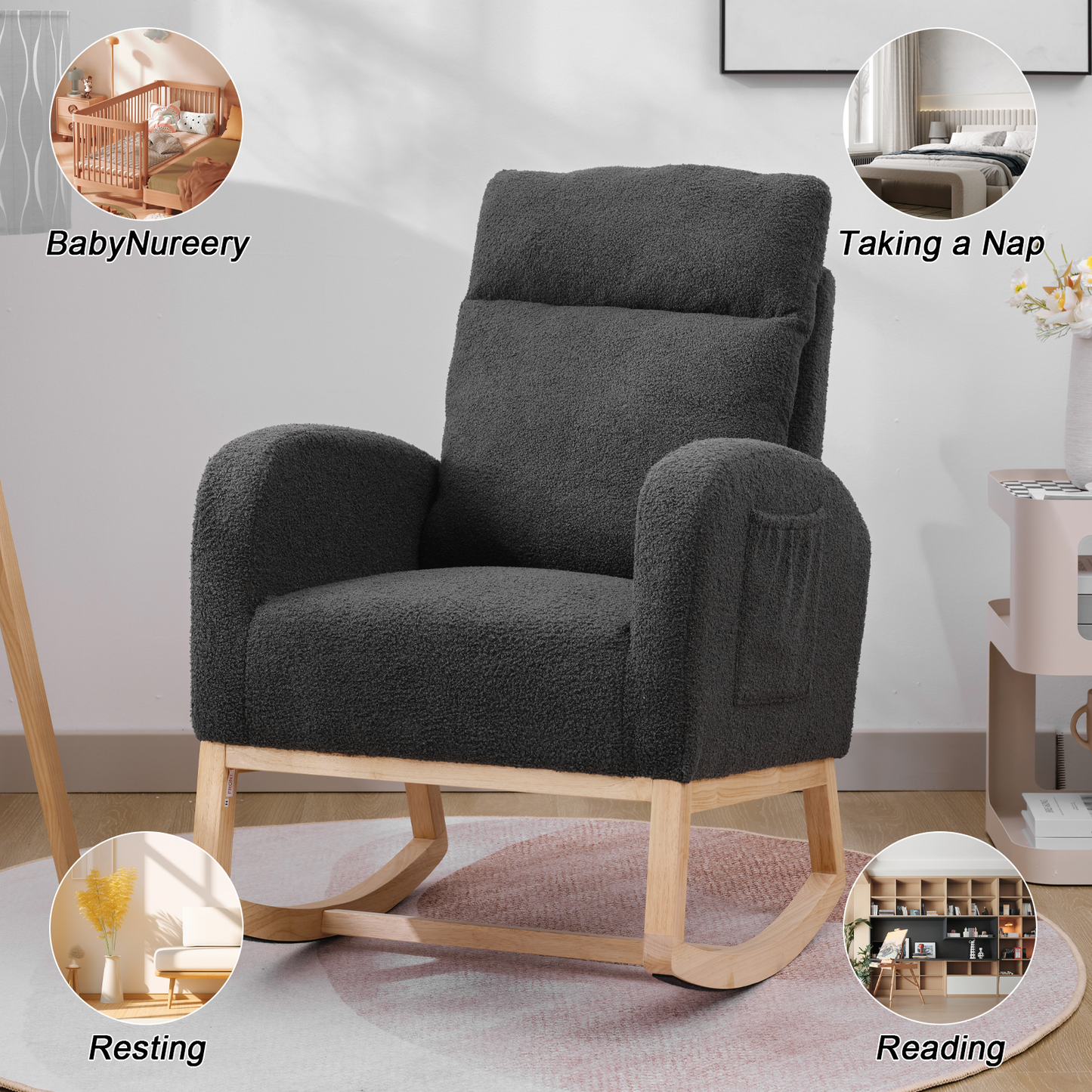 CAFORKP Upholstered Nursery Rocking Chair with High Back, Side Pocket, Wood Base, Dark Gray