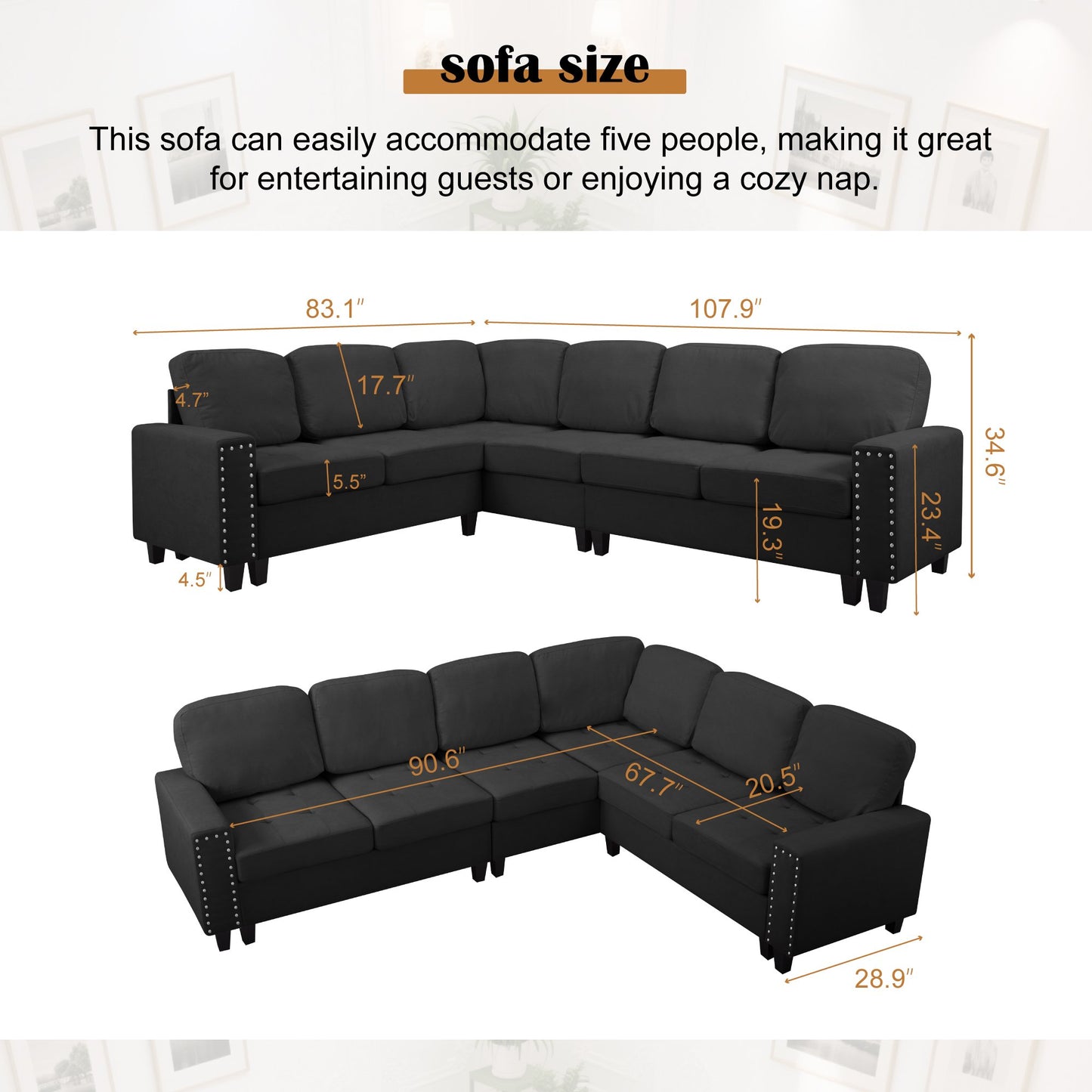 CAFORKP 107.9" Reversible L-Shaped Sectional Sofa, Upholstered, Tufted, 5-Seater, Black