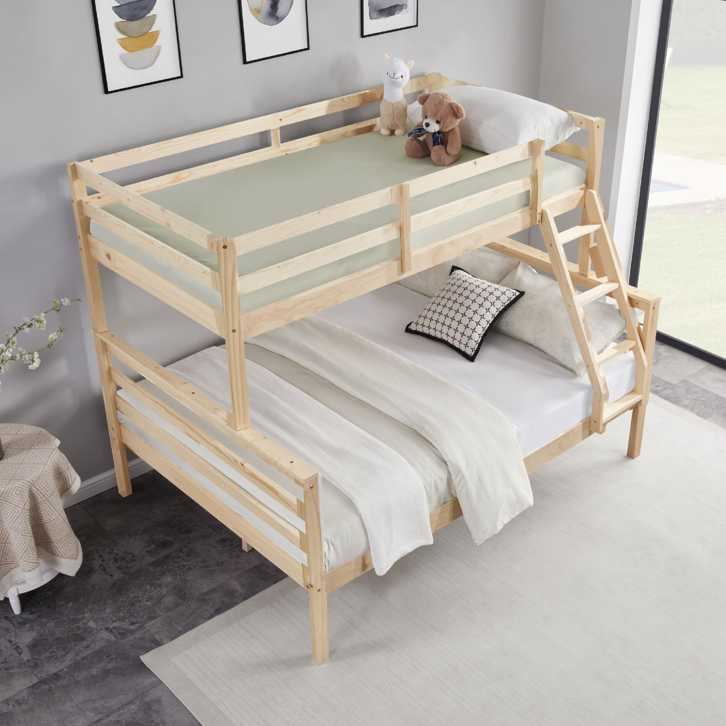 CAFORKP Solid Wood Twin Over Full Bunk Bed with Ladder and High Guardrail – Ideal for Kids & Teens, Natural Wood