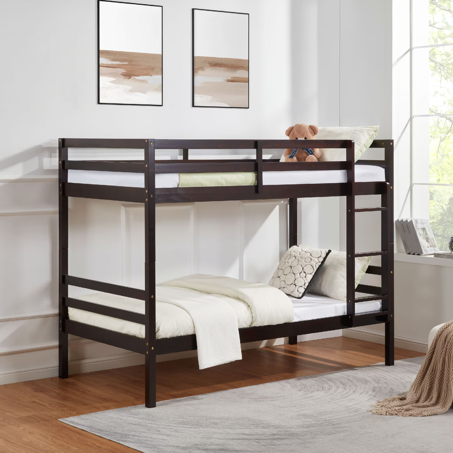 CAFORKP Solid Wood Bunk Bed for Kids with Safety Guardrail, 400 lbs Weight Capacity - Dark Brown