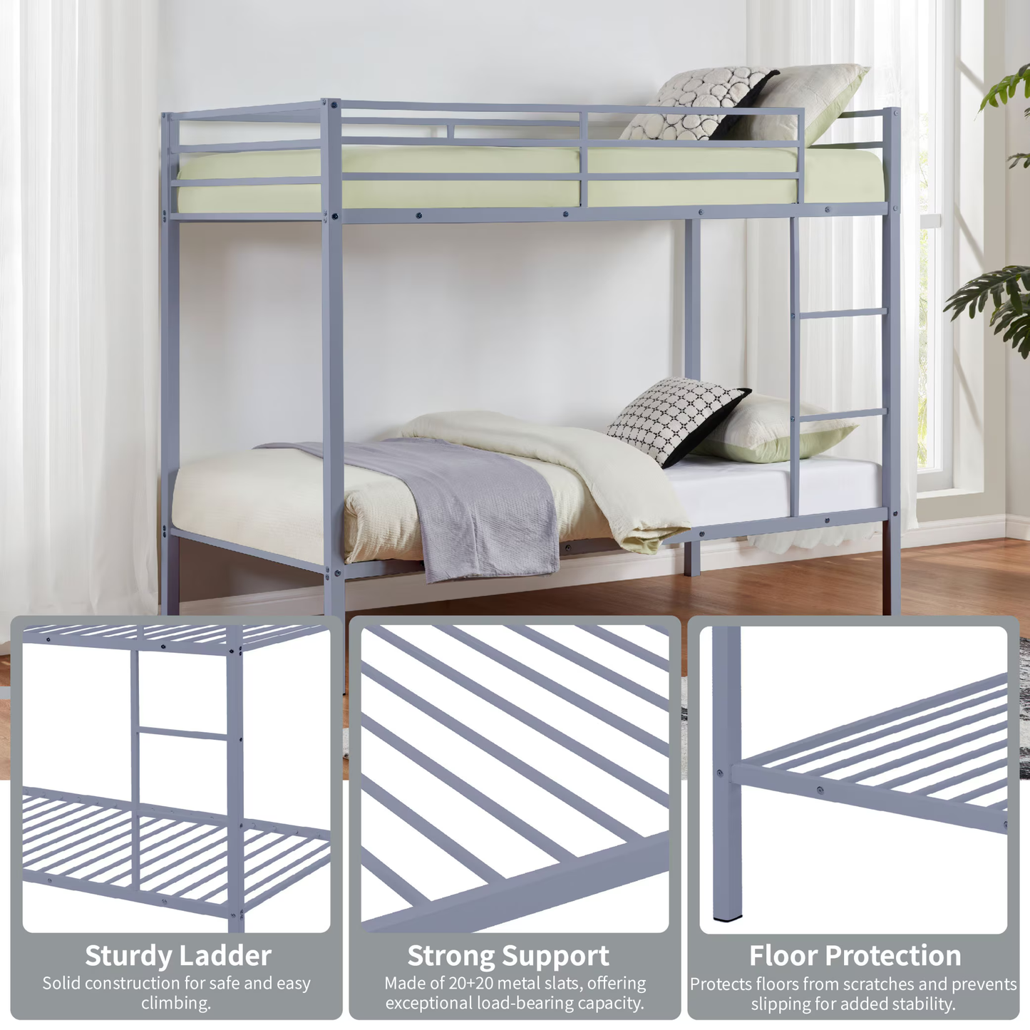 CAFORKP Metal Twin Over Twin Low Profile Bunk Bed with Ladder, High Guardrail & Steel Slats for Kids, Gray