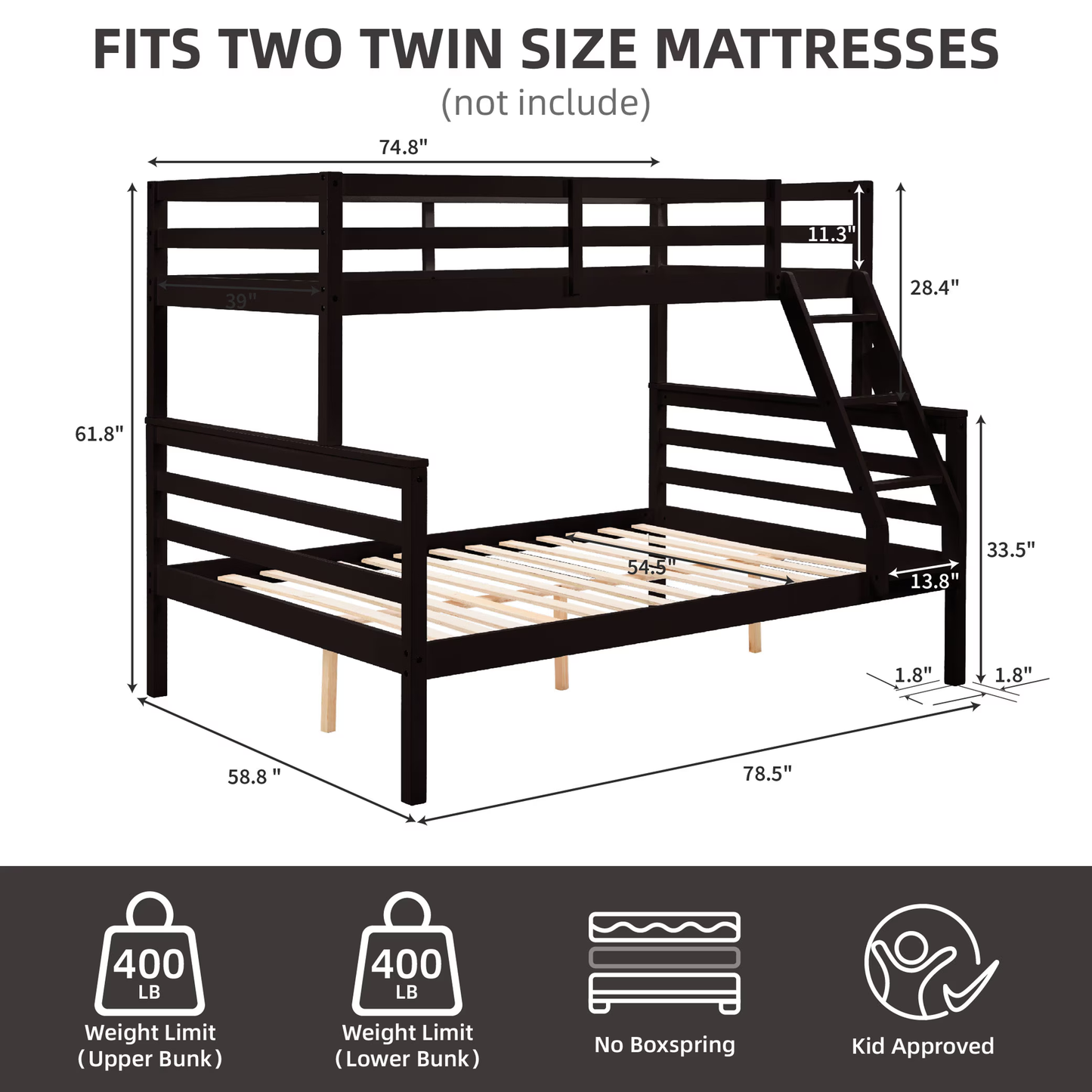 CAFORKP Solid Wood Twin Over Full Bunk Bed with Ladder and High Guardrail – Ideal for Kids & Teens, Dark Brown