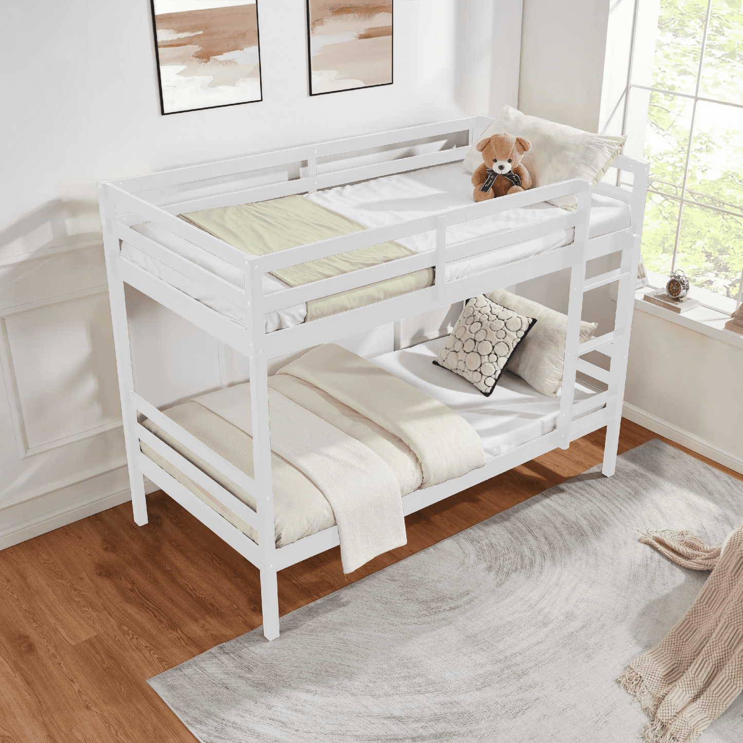 CAFORKP Solid Wood Bunk Bed for Kids with Safety Guardrail, 400 lbs Weight Capacity - White