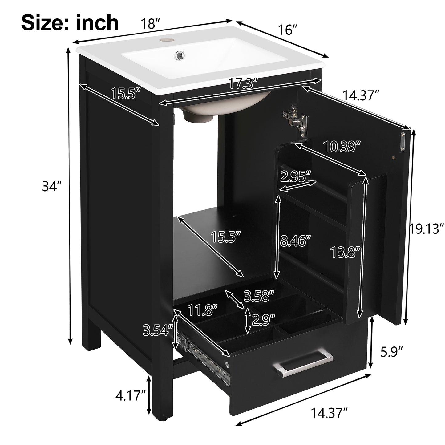 Solid Wood Bathroom Vanity with Ceramic Sink, Soft-Closing Door, and Storage, 18-Inch