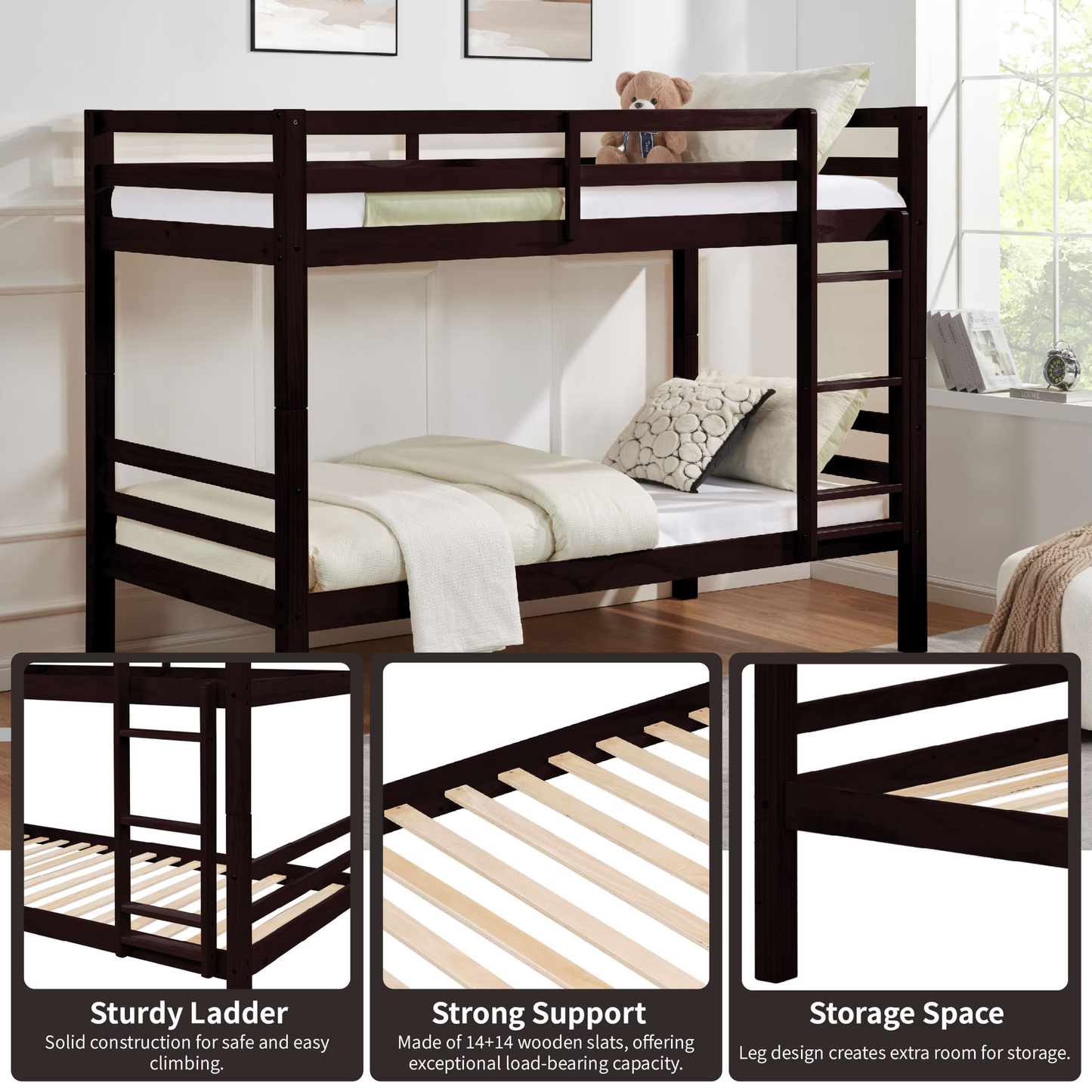 CAFORKP Solid Wood Twin over Twin Bunk Bed with Thickened Posts, Ladder & Guardrails, 400lbs Capacity,Dark Brown