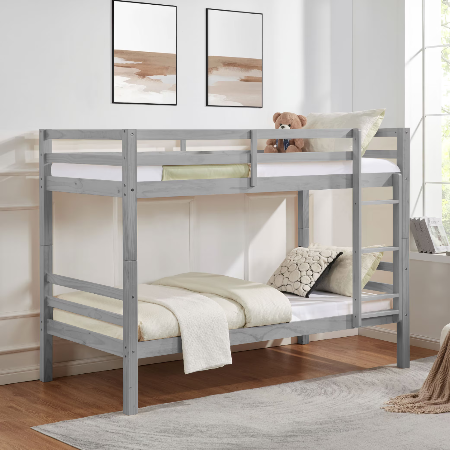 CAFORKP Solid Wood Twin over Twin Bunk Bed with Thickened Posts, Ladder & Guardrails, 400lbs Capacity,Gray