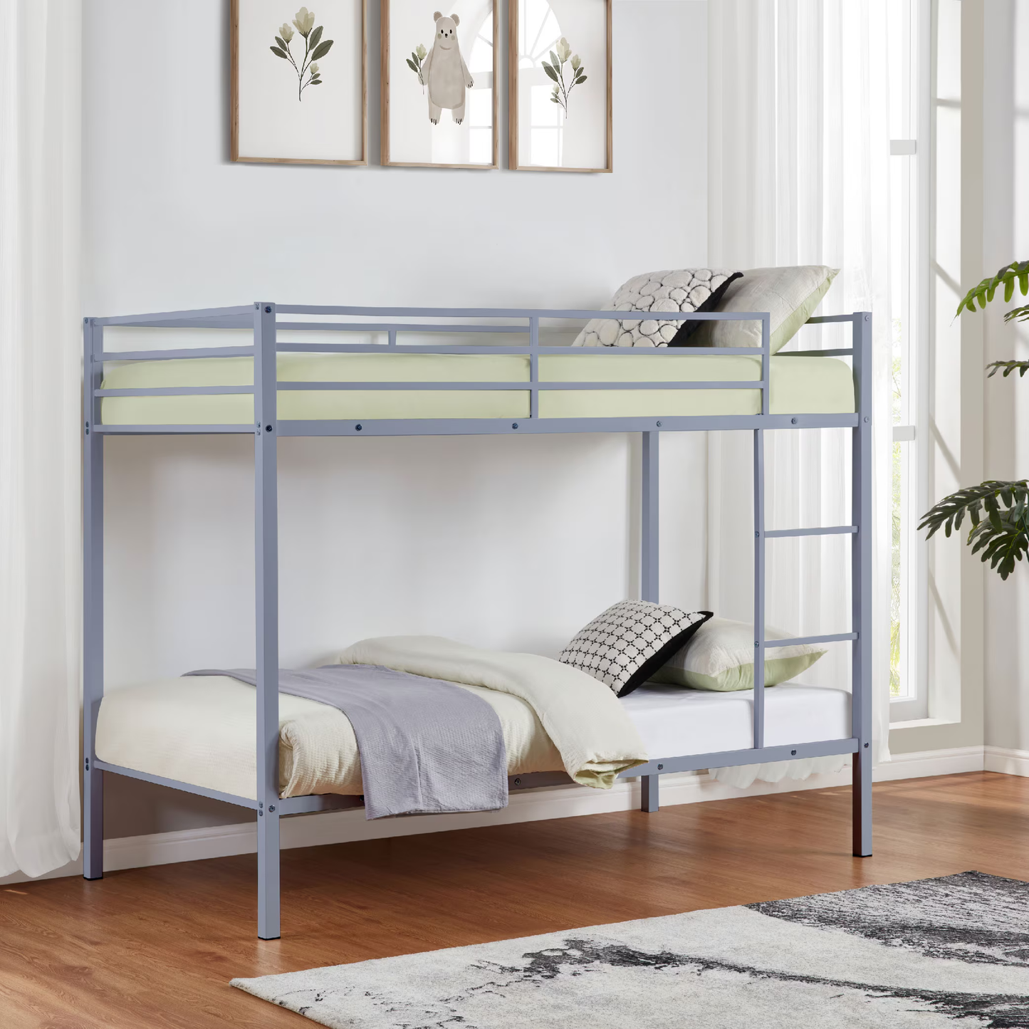 CAFORKP Metal Twin Over Twin Low Profile Bunk Bed with Ladder, High Guardrail & Steel Slats for Kids, Gray