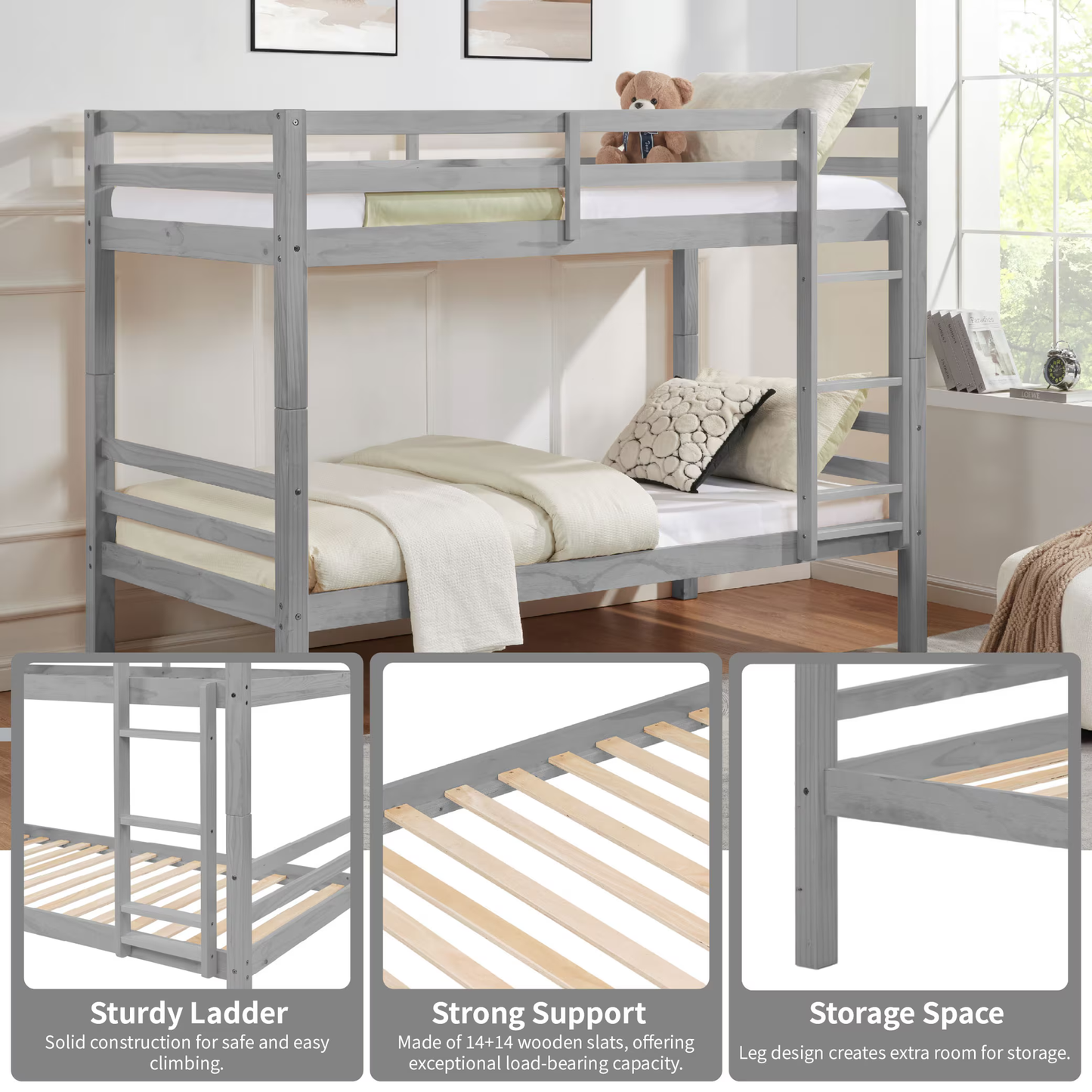 CAFORKP Solid Wood Twin over Twin Bunk Bed with Thickened Posts, Ladder & Guardrails, 400lbs Capacity,Gray