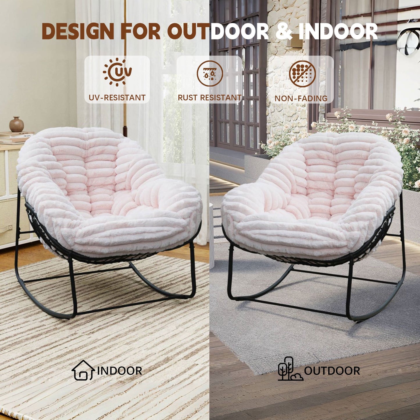 CAFORKP Carson Rocking Chair for Indoor/Outdoor Use, Plush Cushion, Steel Frame, Comfortable, Pink