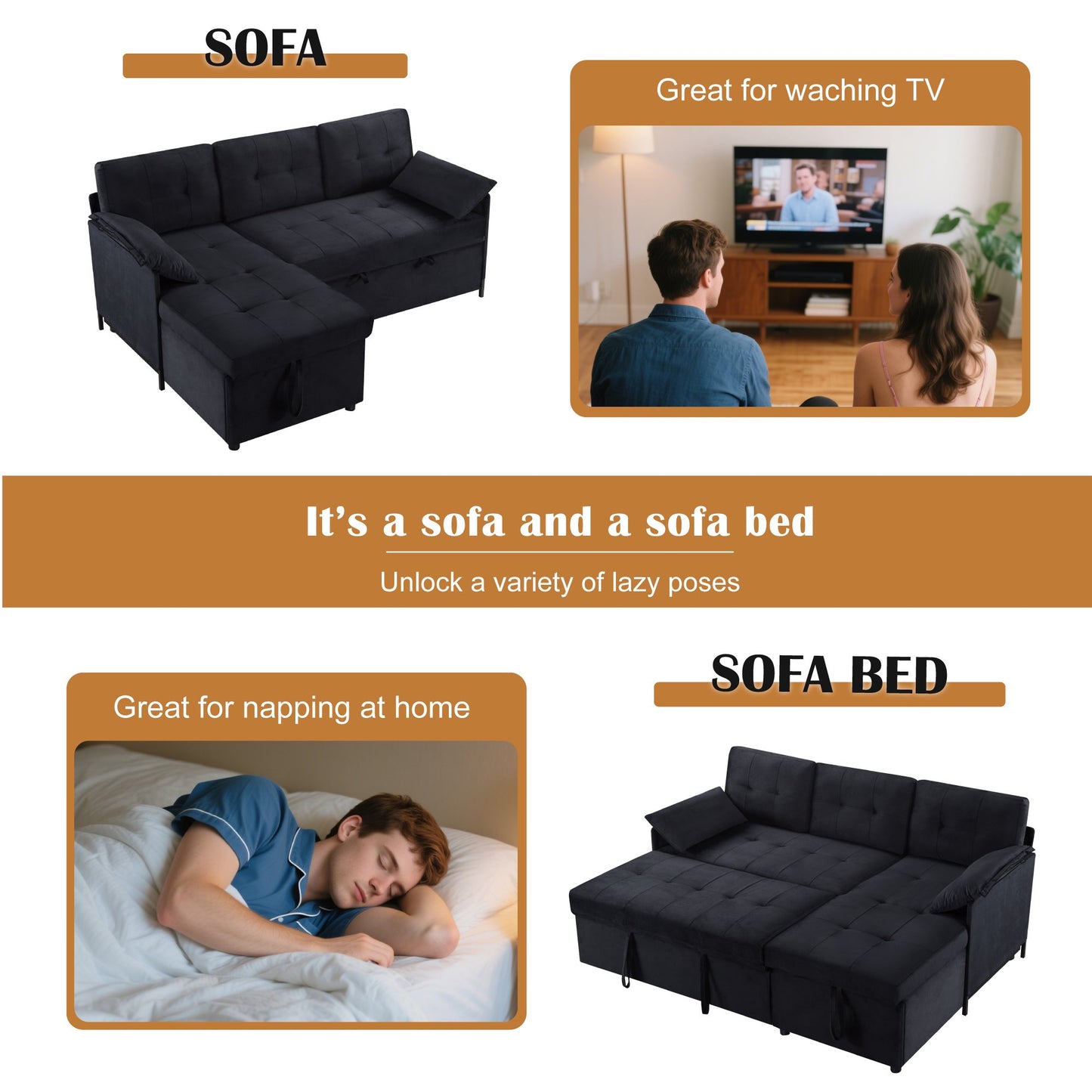 CAFORKP 77.6” Reversible Sectional Sleeper Sofa with Pull-out Bed and Storage Chaise, Velvet, Black