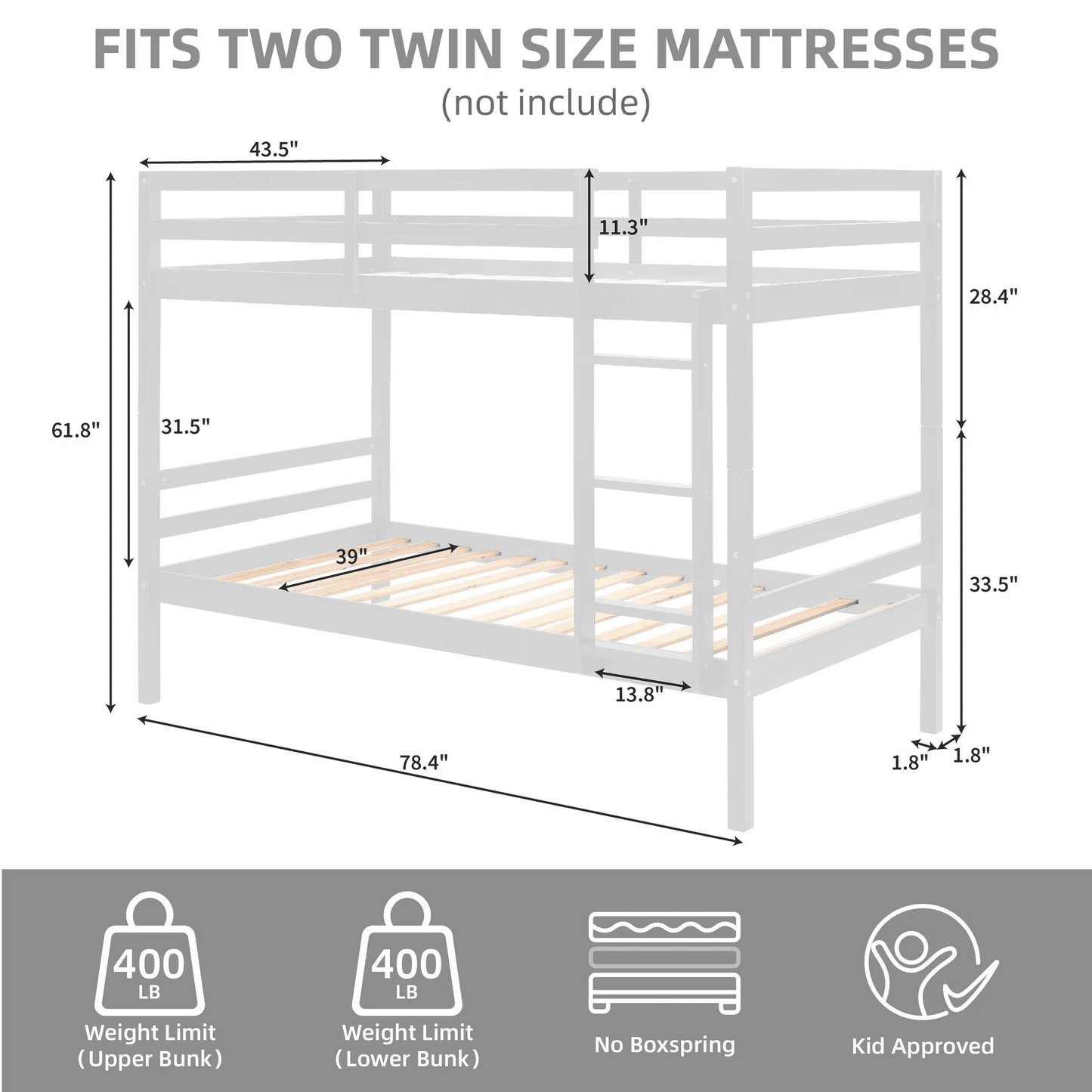 CAFORKP Solid Wood Bunk Bed for Kids with Safety Guardrail, 400 lbs Weight Capacity - White