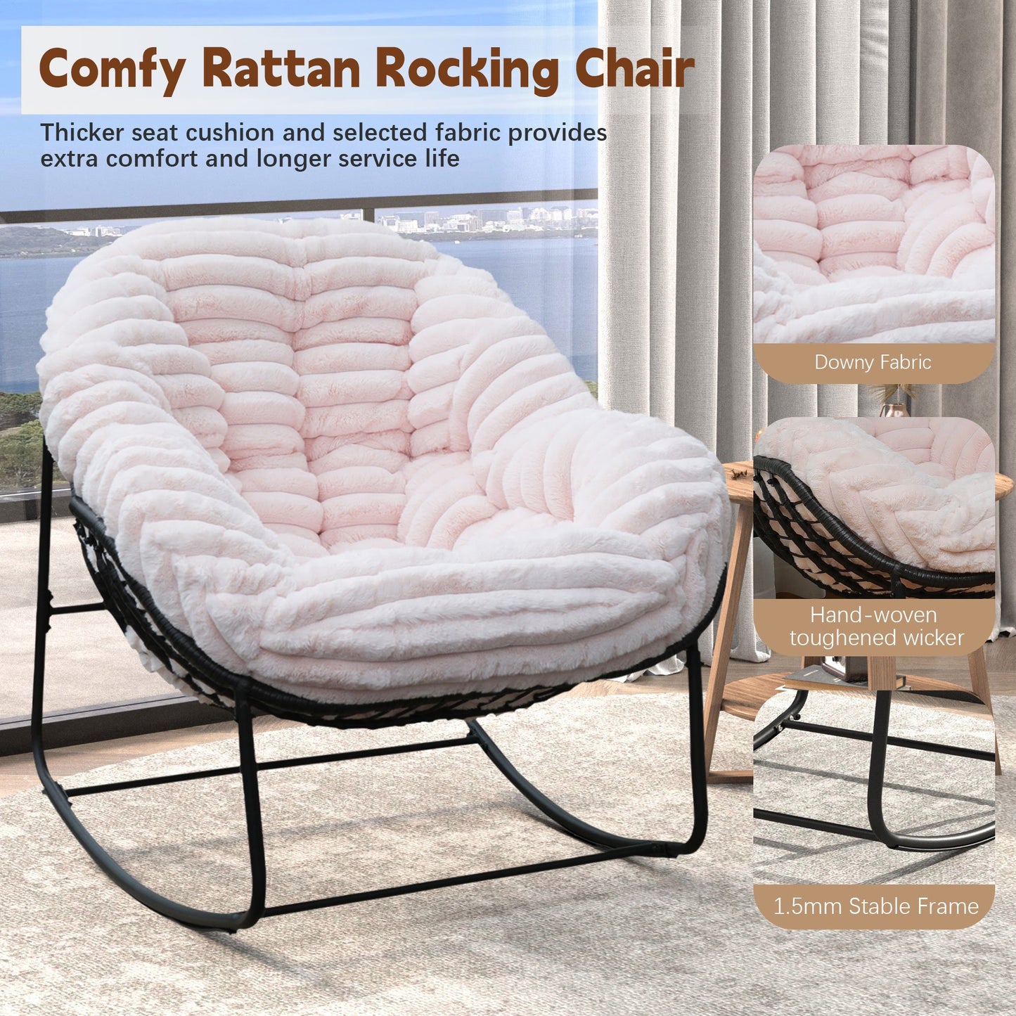CAFORKP Carson Rocking Chair for Indoor/Outdoor Use, Plush Cushion, Steel Frame, Comfortable, Pink