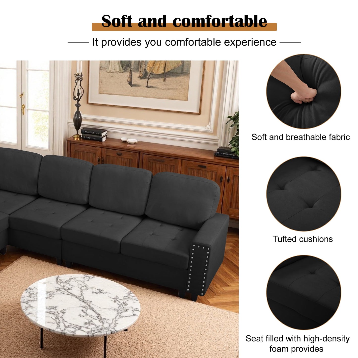 CAFORKP 107.9" Reversible L-Shaped Sectional Sofa, Upholstered, Tufted, 5-Seater, Black