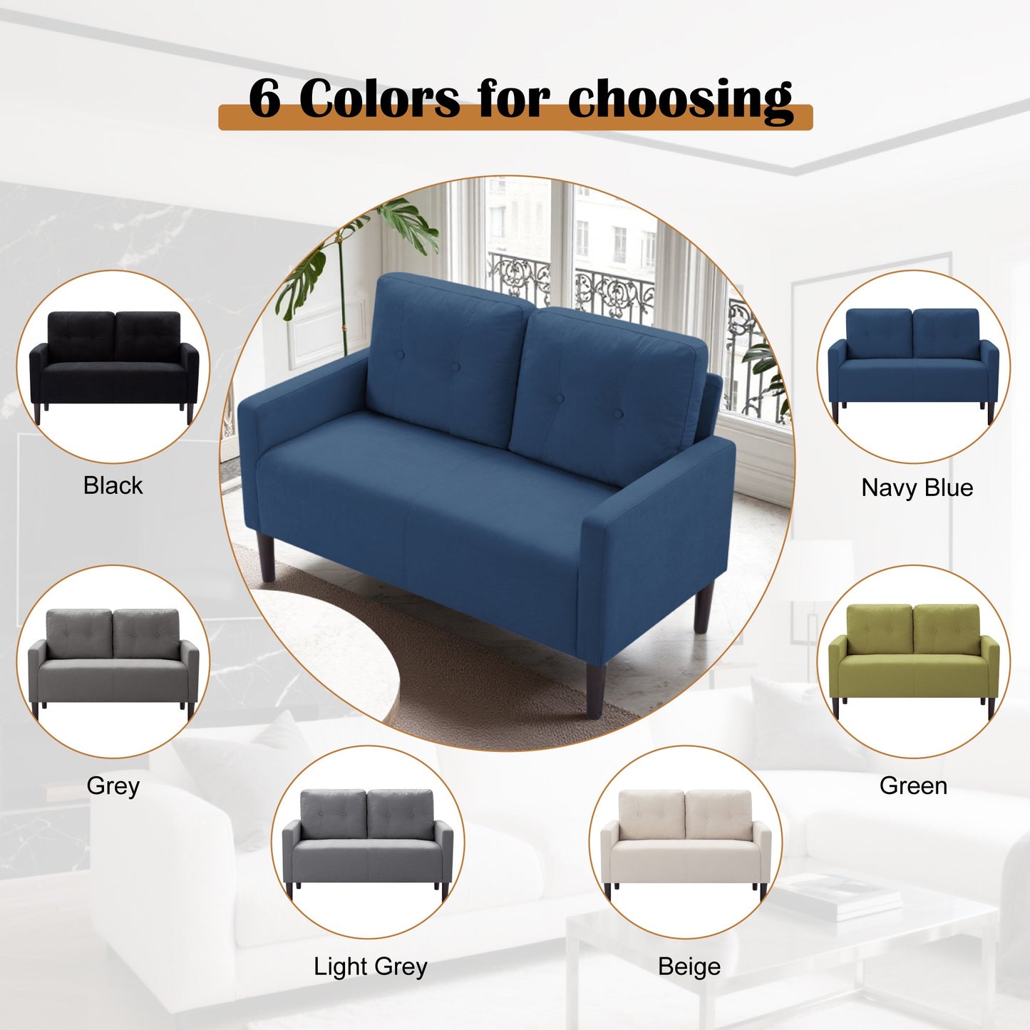 CAFORKP 51.2" Navy Blue Loveseat Sofa with Removable Cushions, Solid Wood Frame, Modern Design