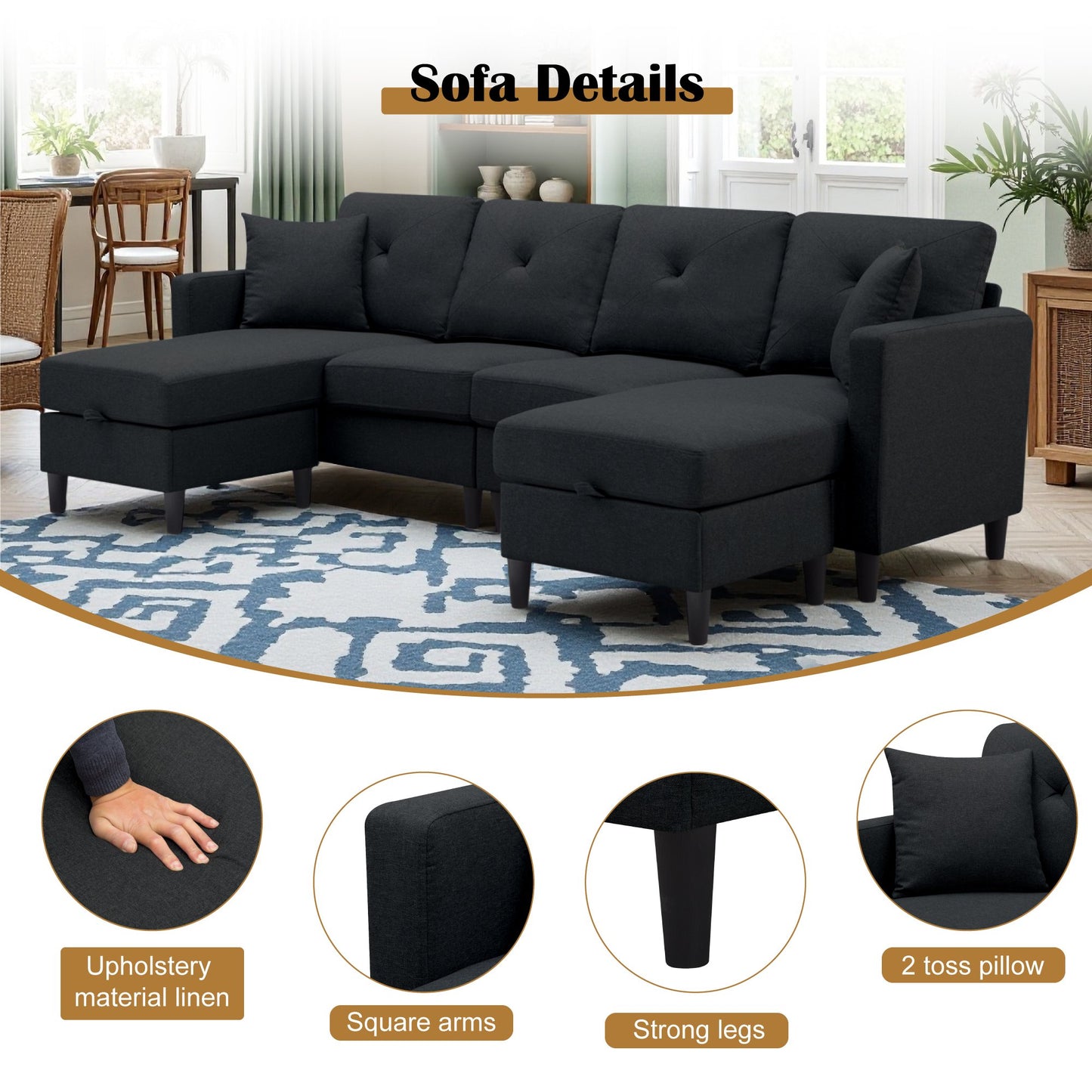 CAFORKP 99.2" U-Shaped Modular Sectional Sofa, Upholstered, Modern Design, Black