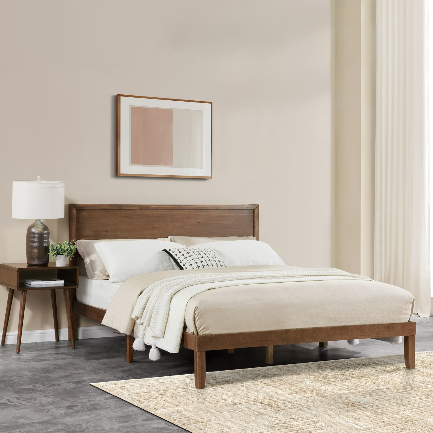 CAFORKP Modern Queen Oak Platform Bed with Headboard & Slats for Adults, Living Room