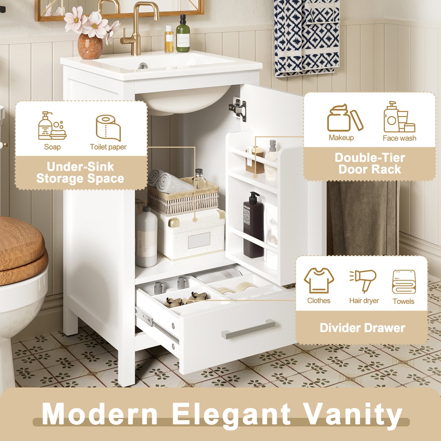 18-Inch Solid Wood Bathroom Vanity with Ceramic Sink, Soft-Closing Door, and Storage