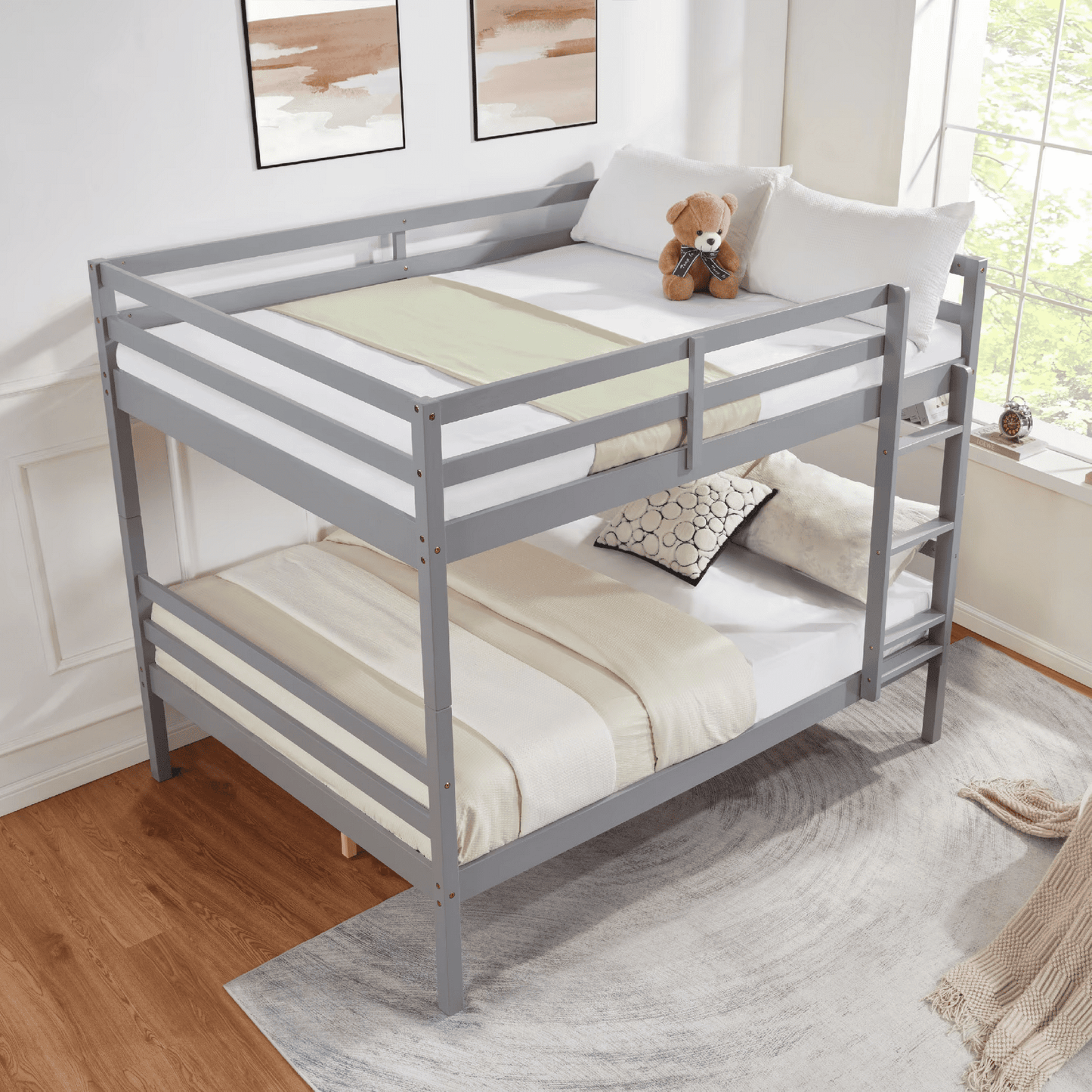 CAFORKP Solid Wood Full over Full Bunk Bed with Ladder & Guardrails, 400lbs Capacity, for Kids,Gray
