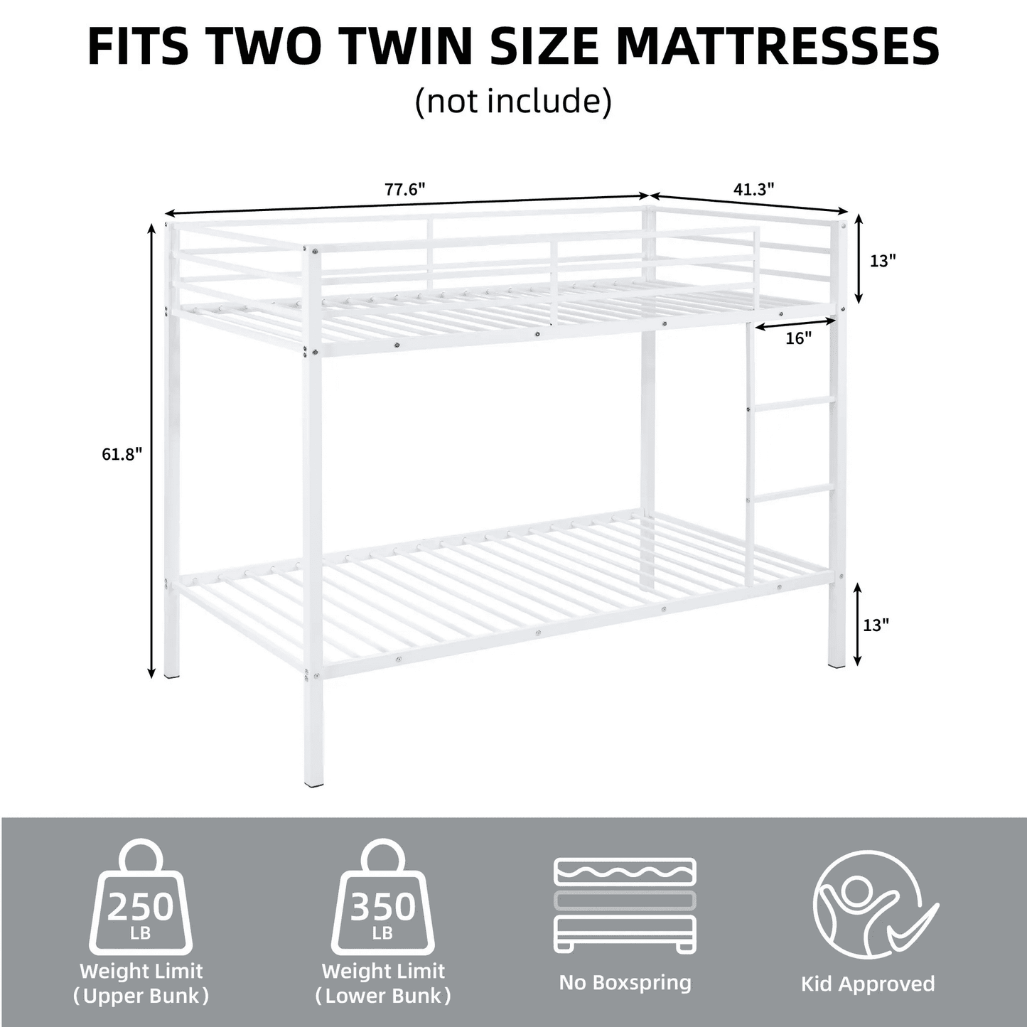CAFORKP Metal Twin Over Twin Low Profile Bunk Bed with Ladder, High Guardrail & Steel Slats for Kids, White