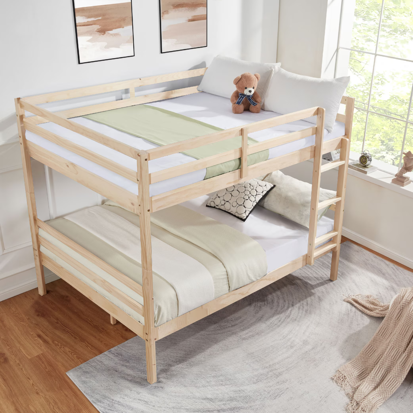 CAFORKP Solid Wood Full over Full Bunk Bed with Ladder & Guardrails, 400lbs Capacity, for Kids,Natural Wood
