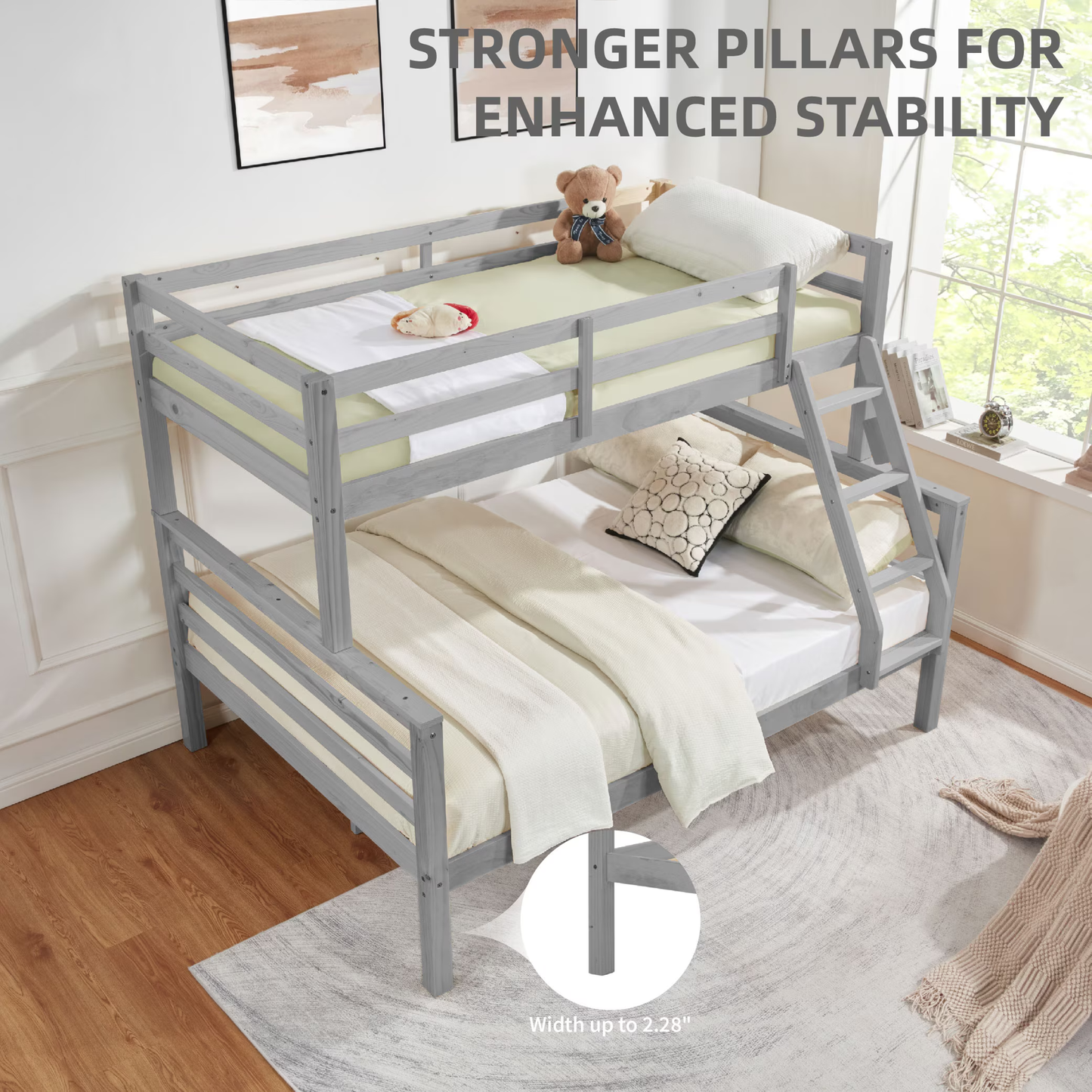CAFORKP Twin Over Full Wooden Bunk Bed with Thick Posts, High Guardrail & Ladder for Kids, Gray