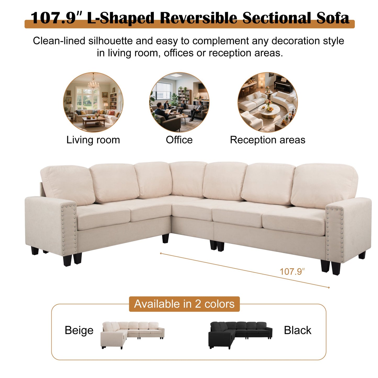 CAFORKP 107.9" Reversible L-Shaped Sectional Sofa, Upholstered, Tufted, 5-Seater, Beige