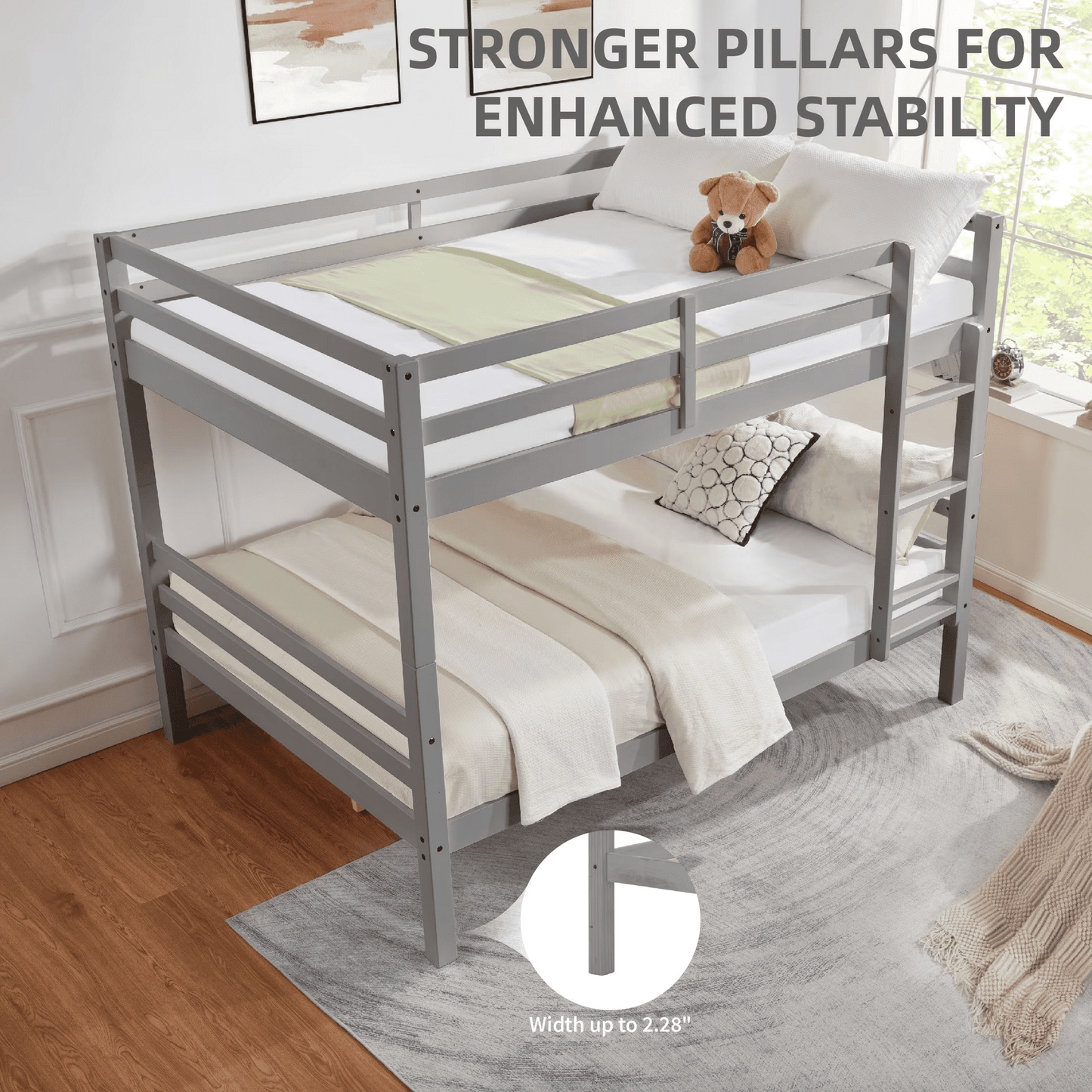 CAFORKP Full Over Full Solid Wood Bunk Bed with Thick Posts, High Guardrail & Ladder, 400LBS Capacity - Gray
