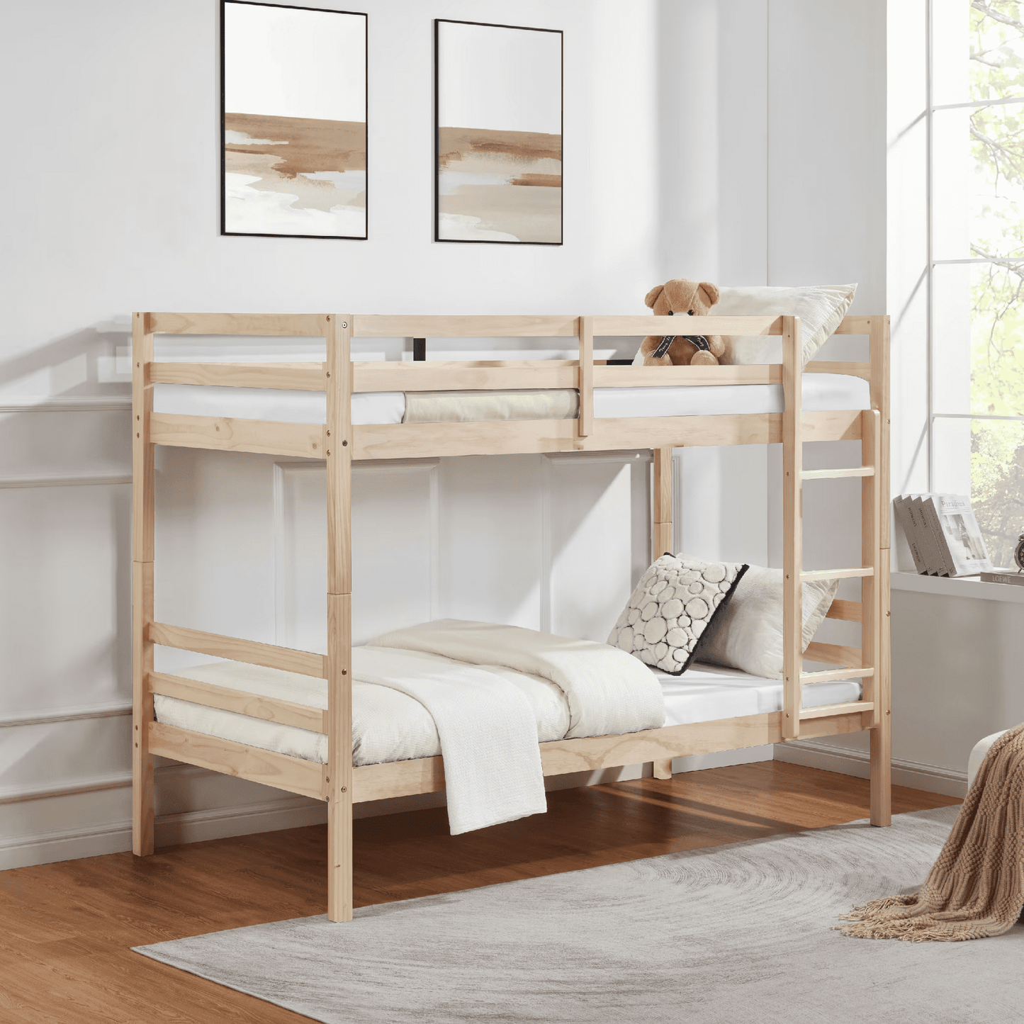 CAFORKP Solid Wood Bunk Bed for Kids with Safety Guardrail, 400 lbs Weight Capacity - Natural Wood