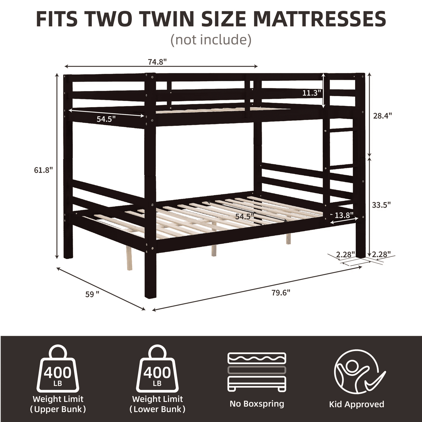 CAFORKP Full Over Full Solid Wood Bunk Bed with Thick Posts, High Guardrail & Ladder, 400LBS Capacity - Dark Brown