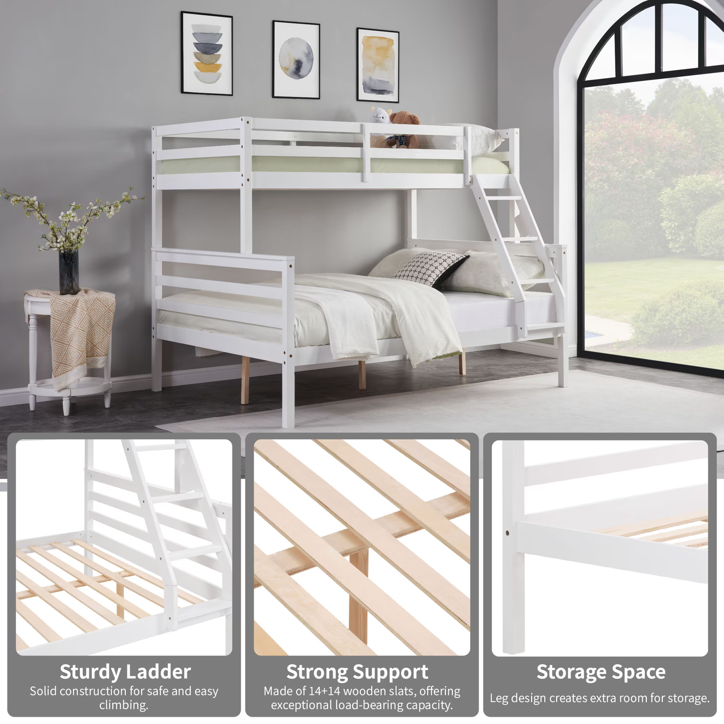 CAFORKP Solid Wood Twin Over Full Bunk Bed with Ladder and High Guardrail – Ideal for Kids & Teens, White