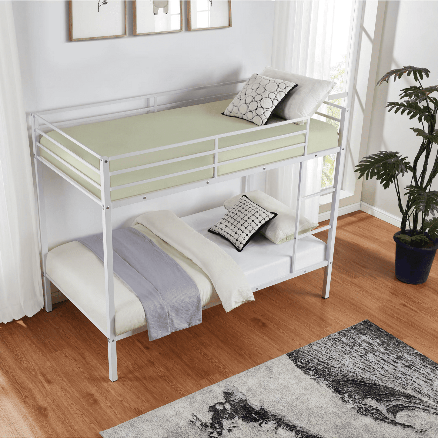 CAFORKP Metal Twin Over Twin Low Profile Bunk Bed with Ladder, High Guardrail & Steel Slats for Kids, White