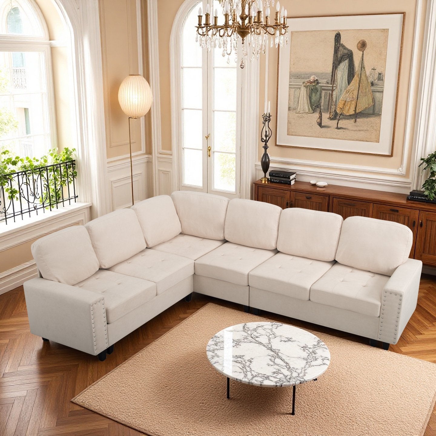 CAFORKP 107.9" Reversible L-Shaped Sectional Sofa, Upholstered, Tufted, 5-Seater, Beige