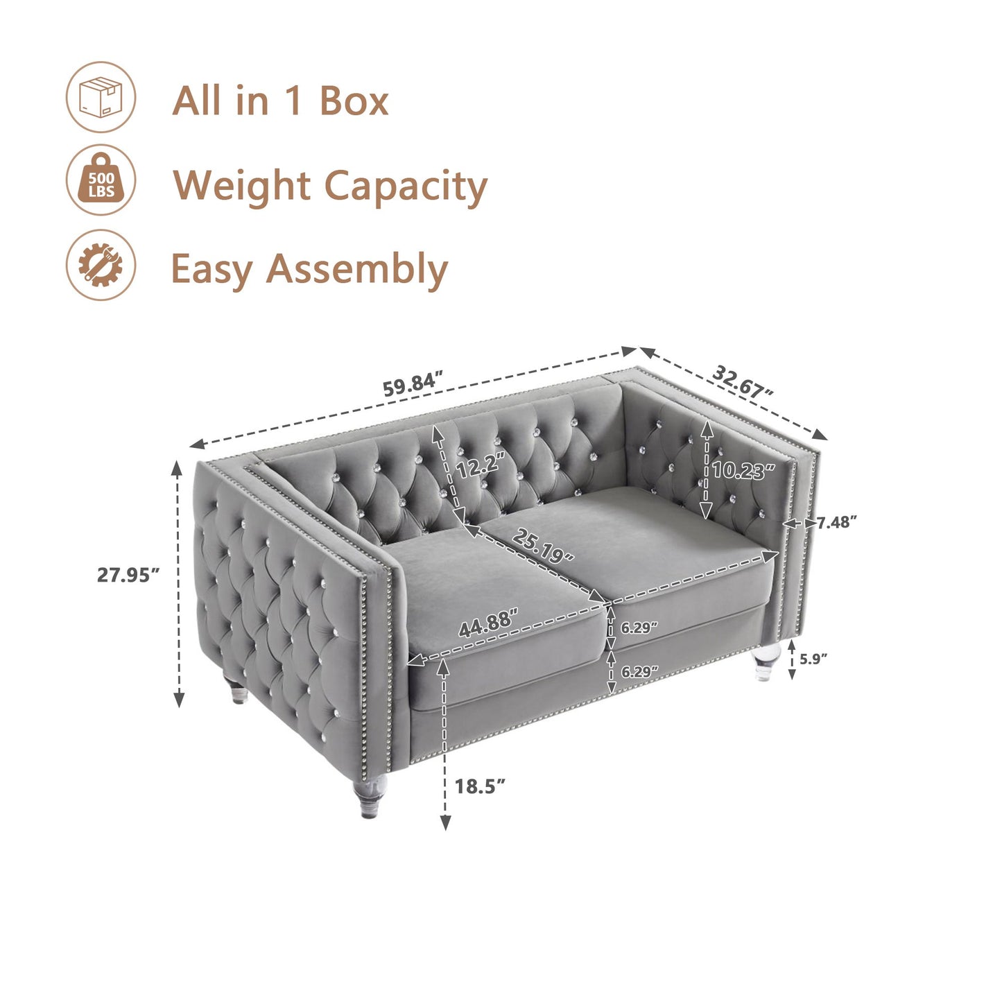 CAFORKP Velvet Loveseat Sofa, Solid Wood Frame, Polyester Upholstery, Foam Filled, Tufted, Gray