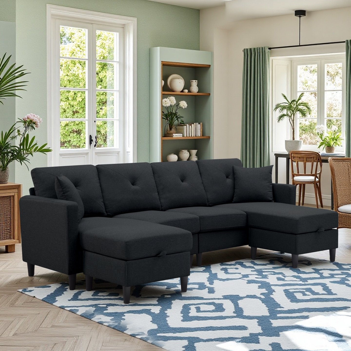 CAFORKP 99.2" U-Shaped Modular Sectional Sofa, Upholstered, Modern Design, Black
